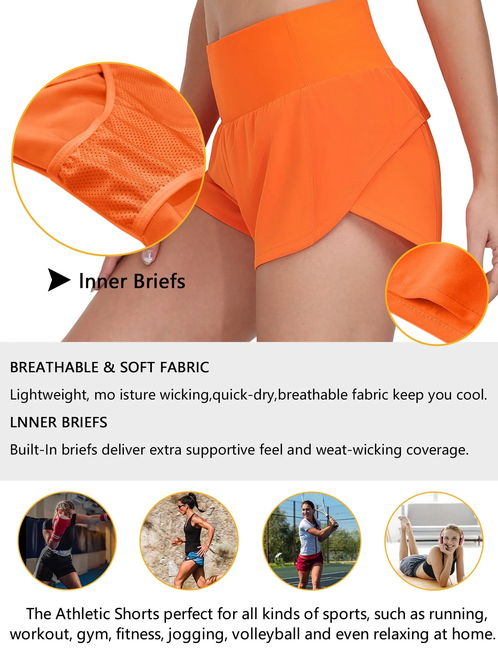 Origiwish Pantaloncini sportivi da donna a vita alta con fodera e tasche con cerniera, Arancione, XL - immagine 6