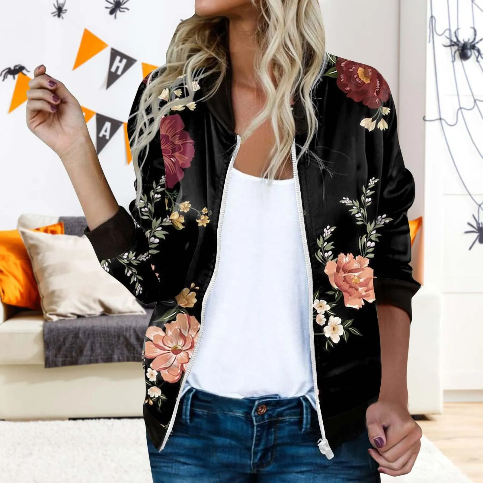 Giacca Bomber da Donna Primaverile Casual Zip Up con Tasche - immagine 2