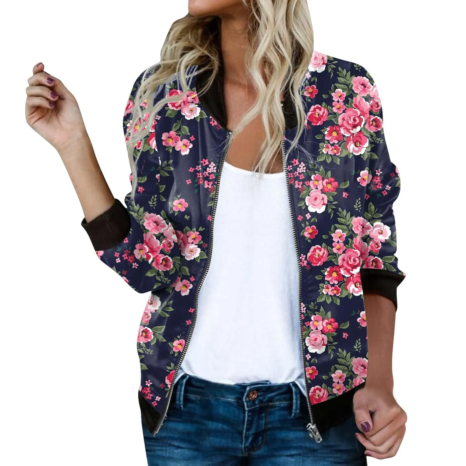 Giacca Bomber Donna Leggera Stampa Floreale Rosa Caldo - immagine 1