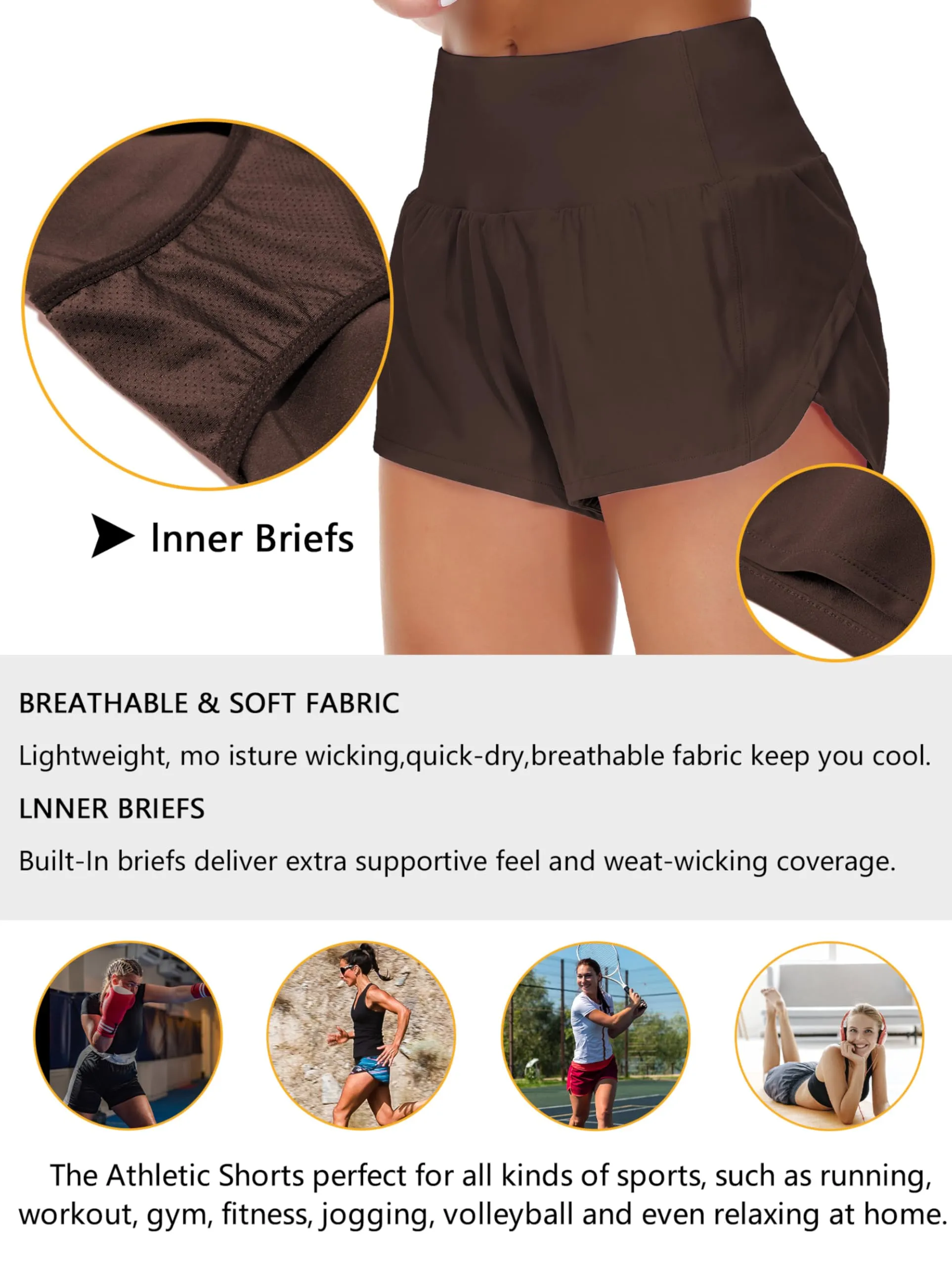 Origiwish Pantaloncini da Corsa da Donna a Vita Alta con Fodera e Tasche con Cerniera, Marrone, XL - immagine 6