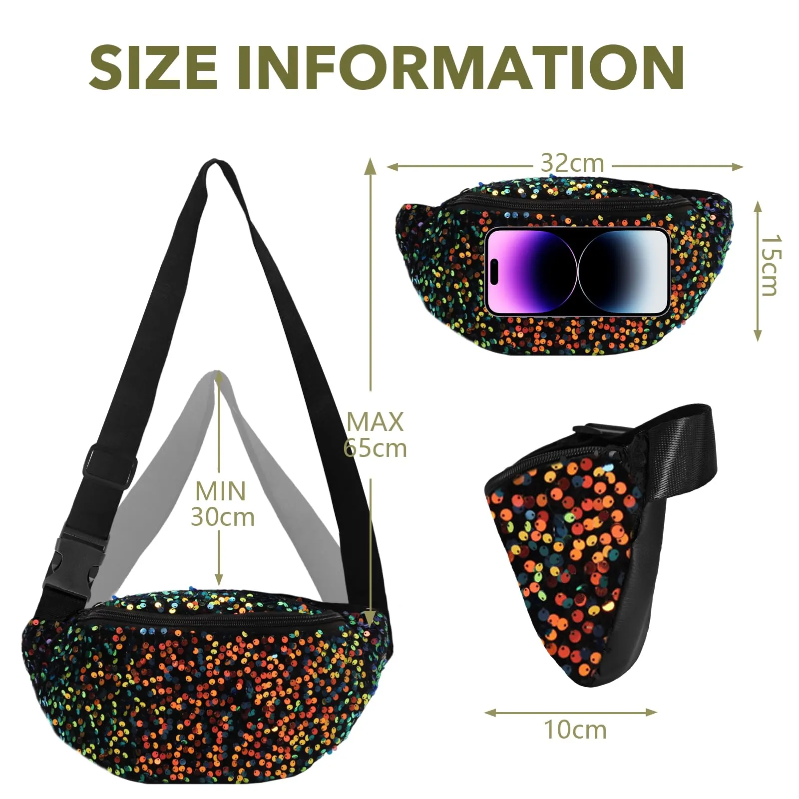 Hernin Marsupio con Paillettes per Donna, Tracolla Regolabile (Modello 1-Nero) - immagine 3