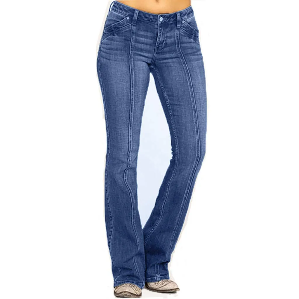 Generico Jeans Flared Donna Pantaloni Flare Leggins a Campana Slim Fit Jeggings Vita Alta Stretch con Tasche - immagine 2
