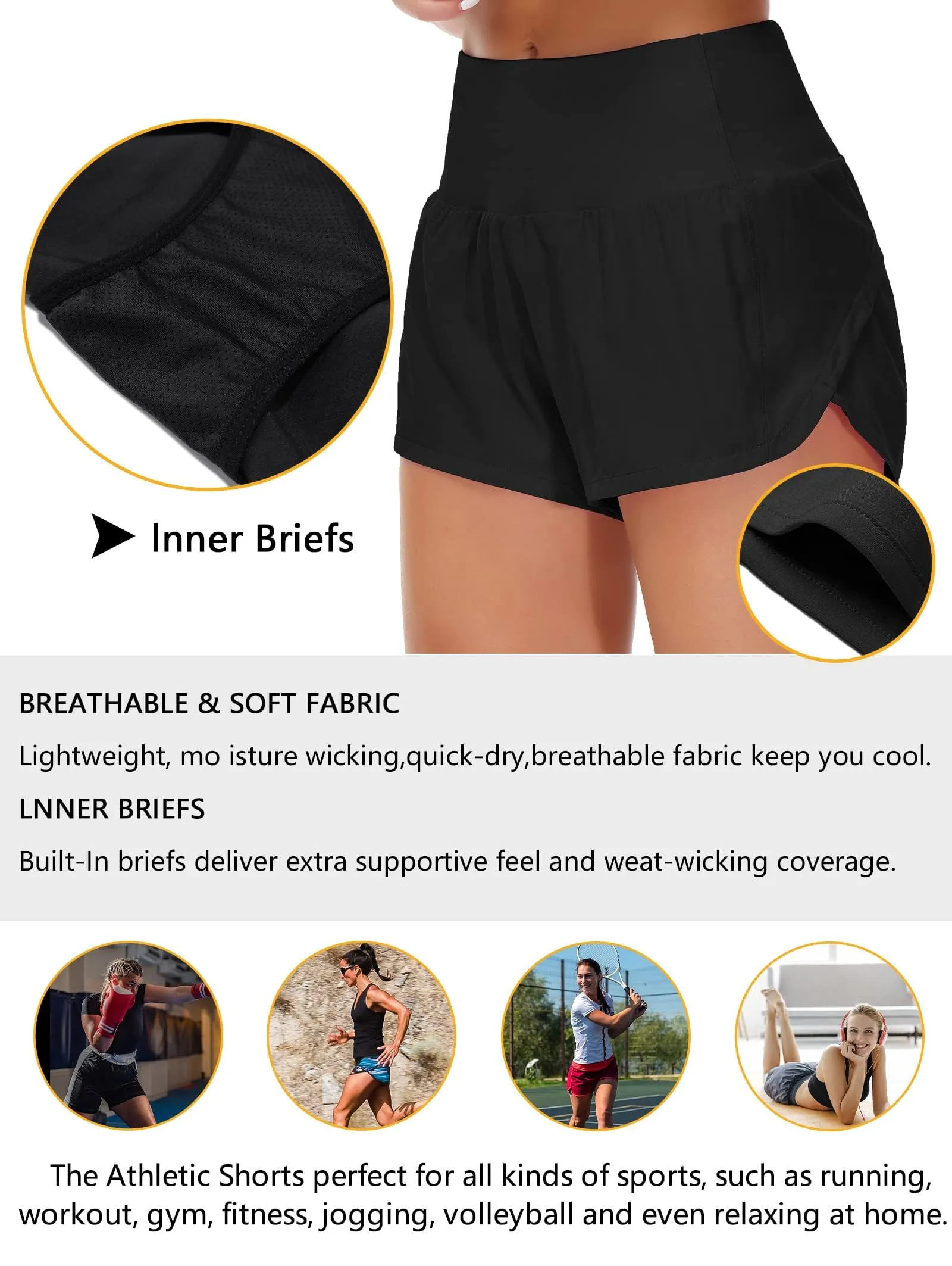 Origiwish Pantaloncini da corsa da donna a vita alta con fodera e tasche con cerniera, Nero, XXL - immagine 6