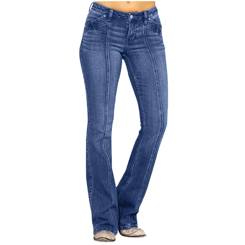 Generico Jeans Donna Flared Vintage Casual Curvy Skinny Slim Elasticizzati Push Up Effetto Vissuto Retrò - immagine 1
