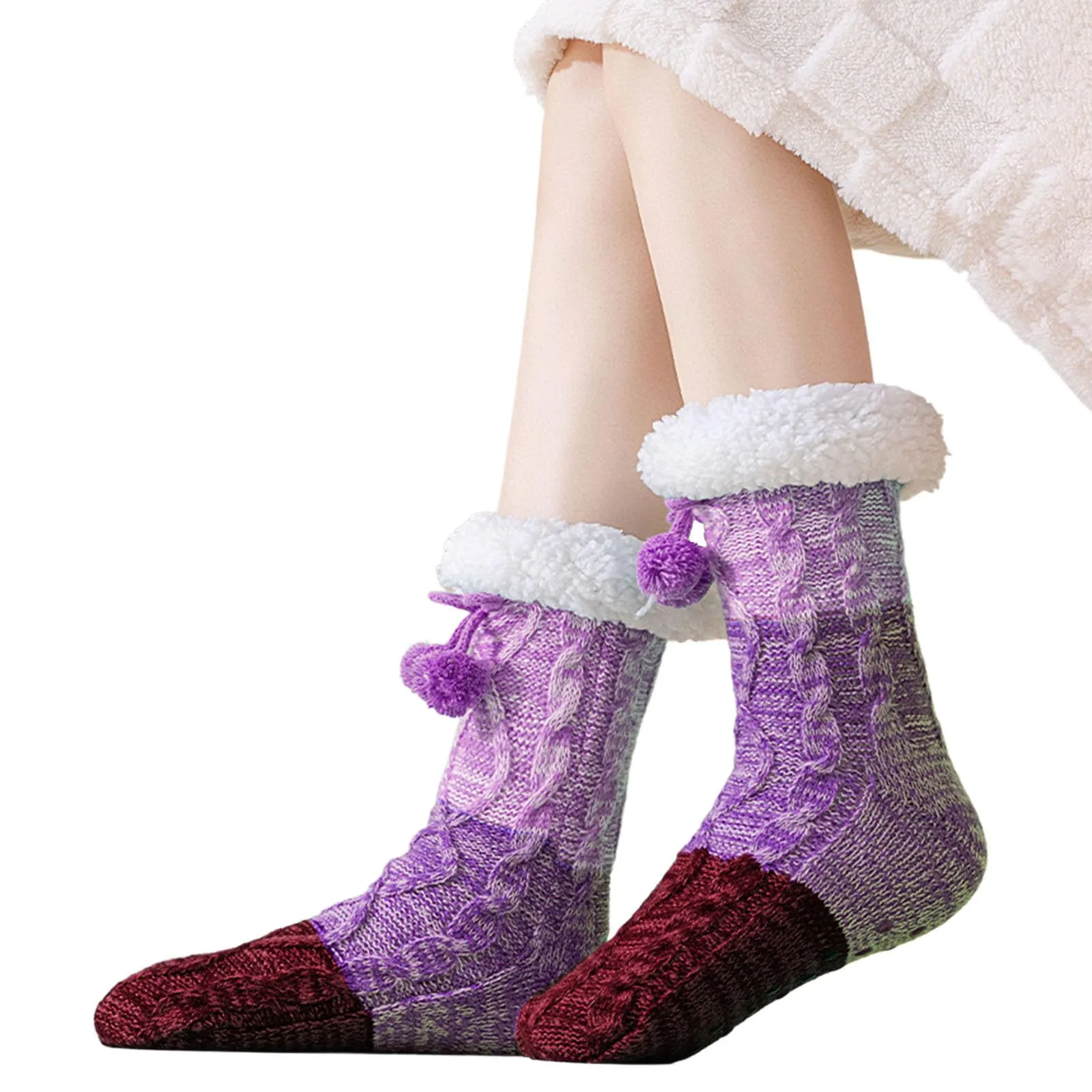 Calze Invernali Donna e Unisex Antiscivolo Natalizie in Pile con Pompon, Viola - immagine 4