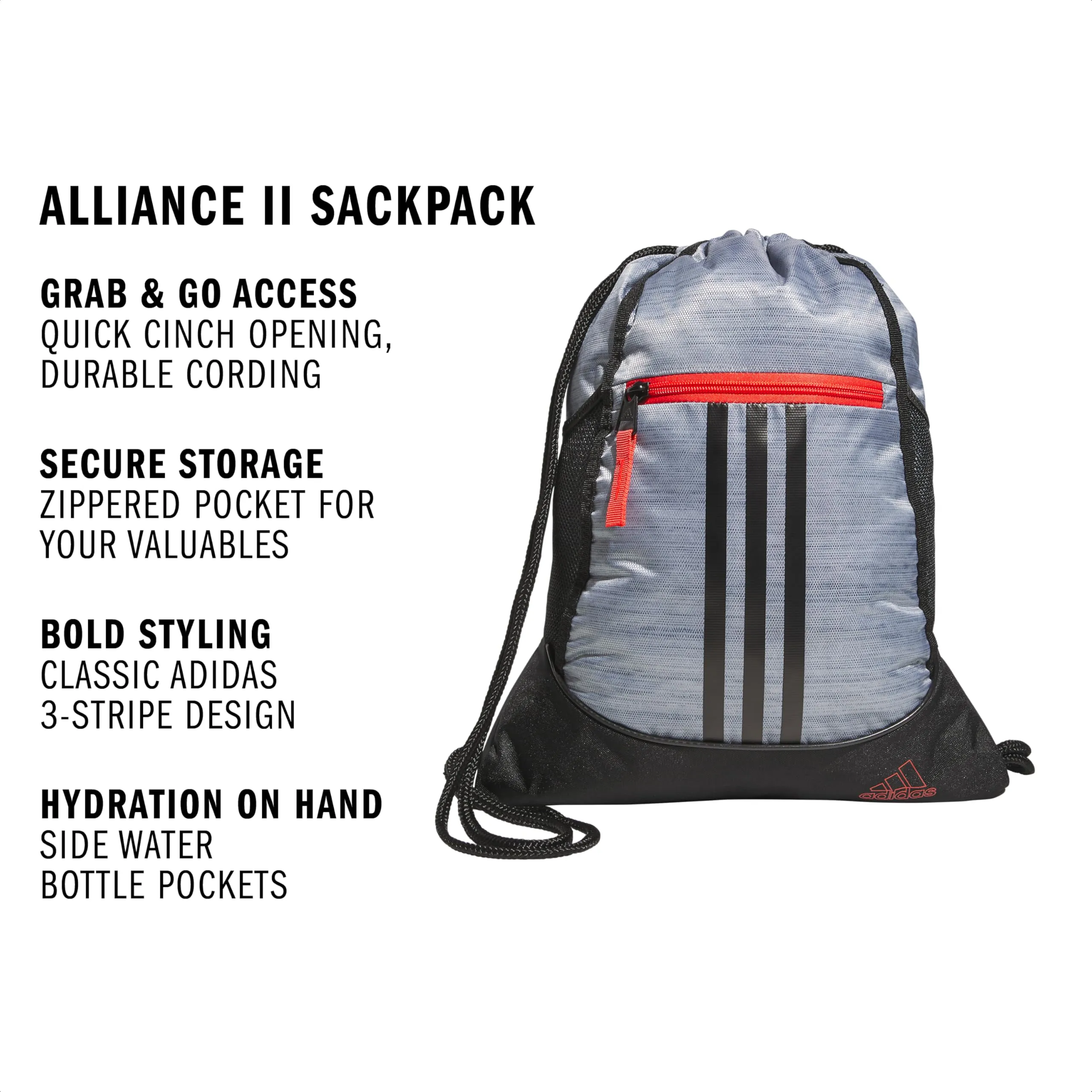 adidas Alliance II Sackpack - Grigio Bicolore/Nero/Rosso Brillante - immagine 2