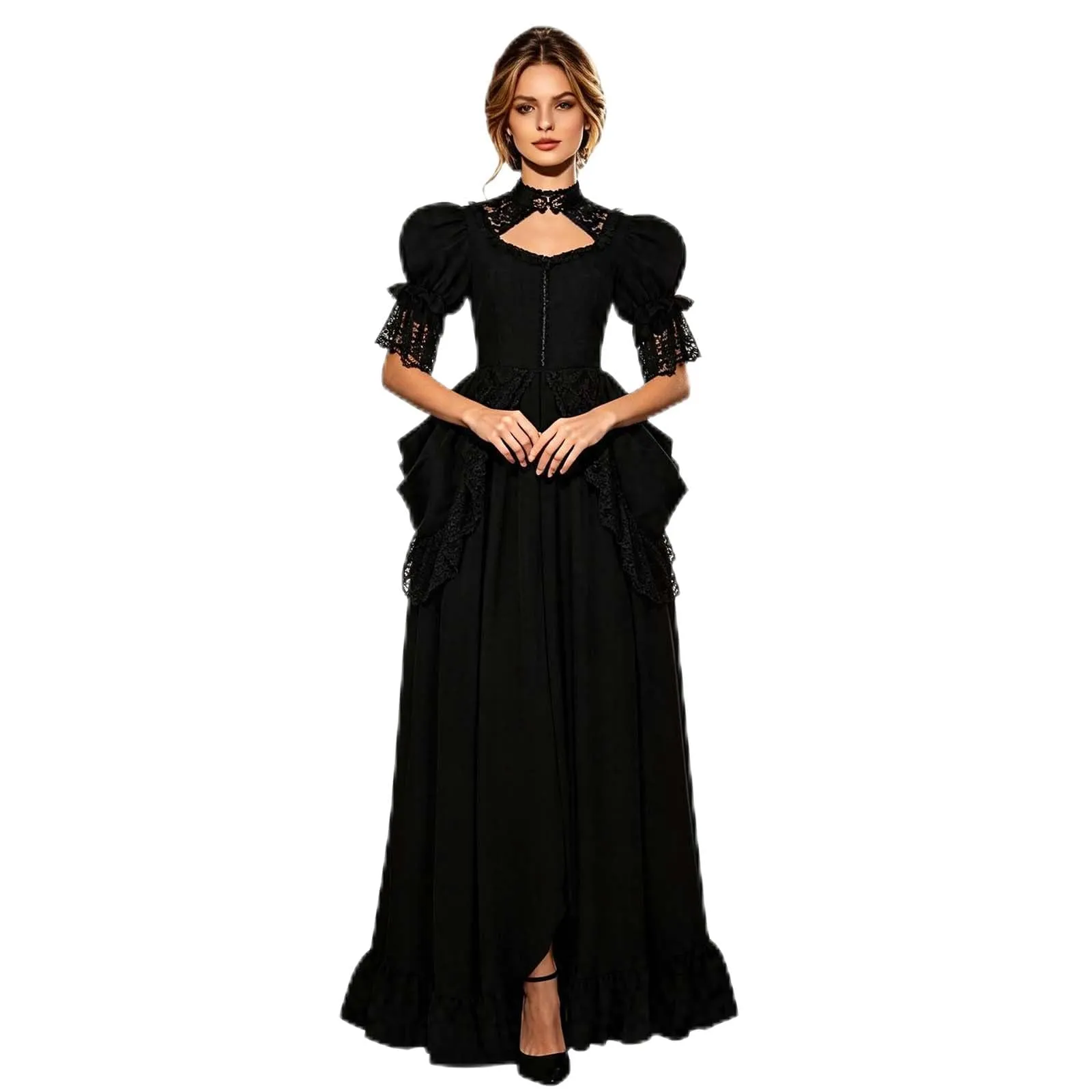 Vhersily Abito da Donna Stile Vittoriano Edoardiano Gotico Medievale Maxi Abito Vintage Rinascimentale Manica Lunga con Lacci in Vita - immagine 1