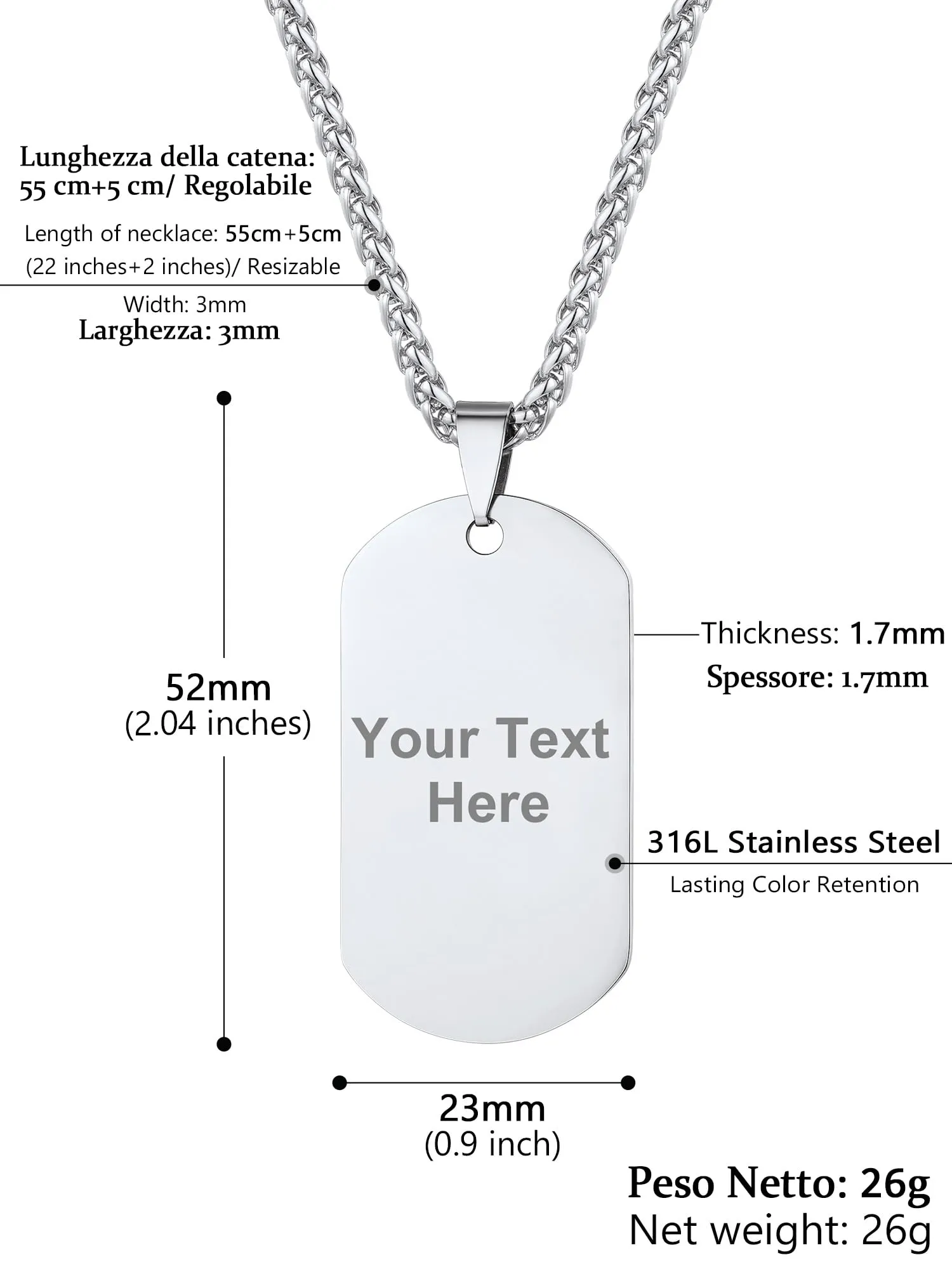 PROSTEEL Collana Militare Dog Tag Personalizzata in Acciaio 316L, Catena 60 cm - immagine 5