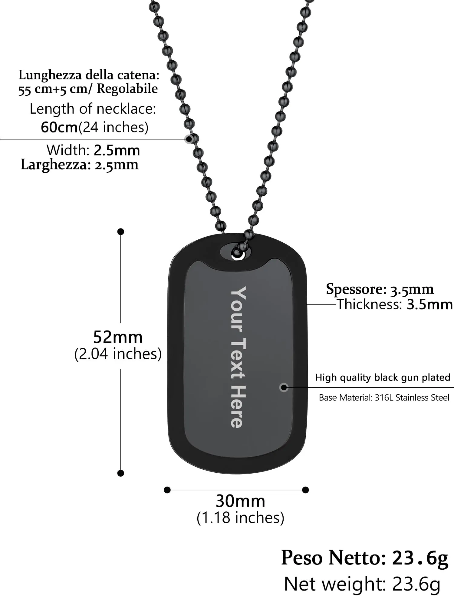 PROSTEEL Collana Uomo Dog Tag Militare Personalizzata con Incisione Laser, Catena a Palla 55+5 cm - immagine 7