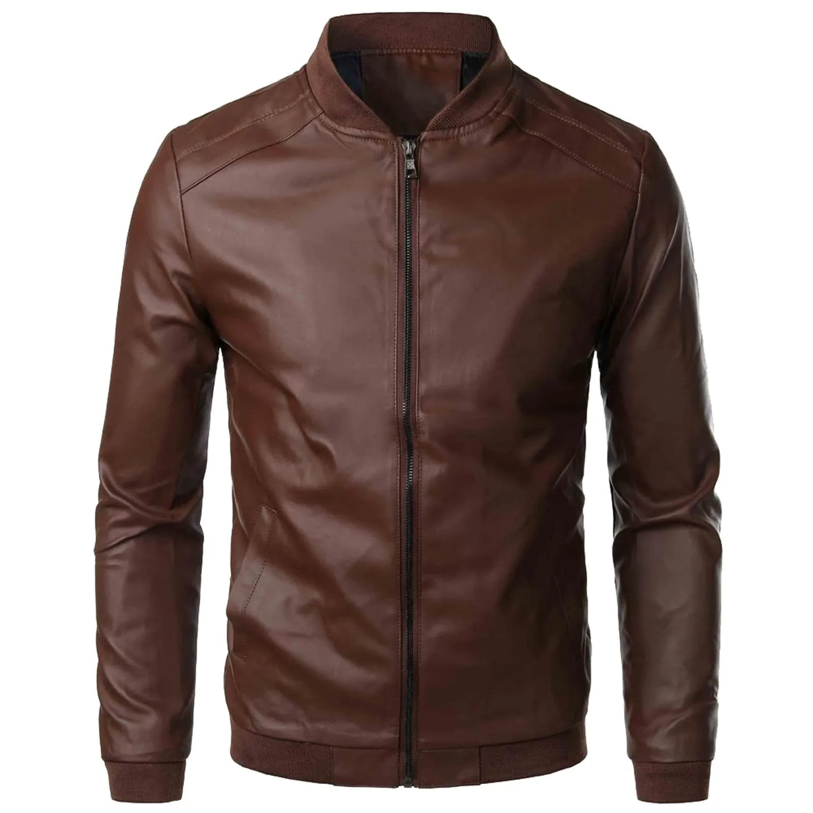 Giacca Ecopelle Uomo Bomber con Colletto alla Coreana Slim Fit Nero - immagine 2