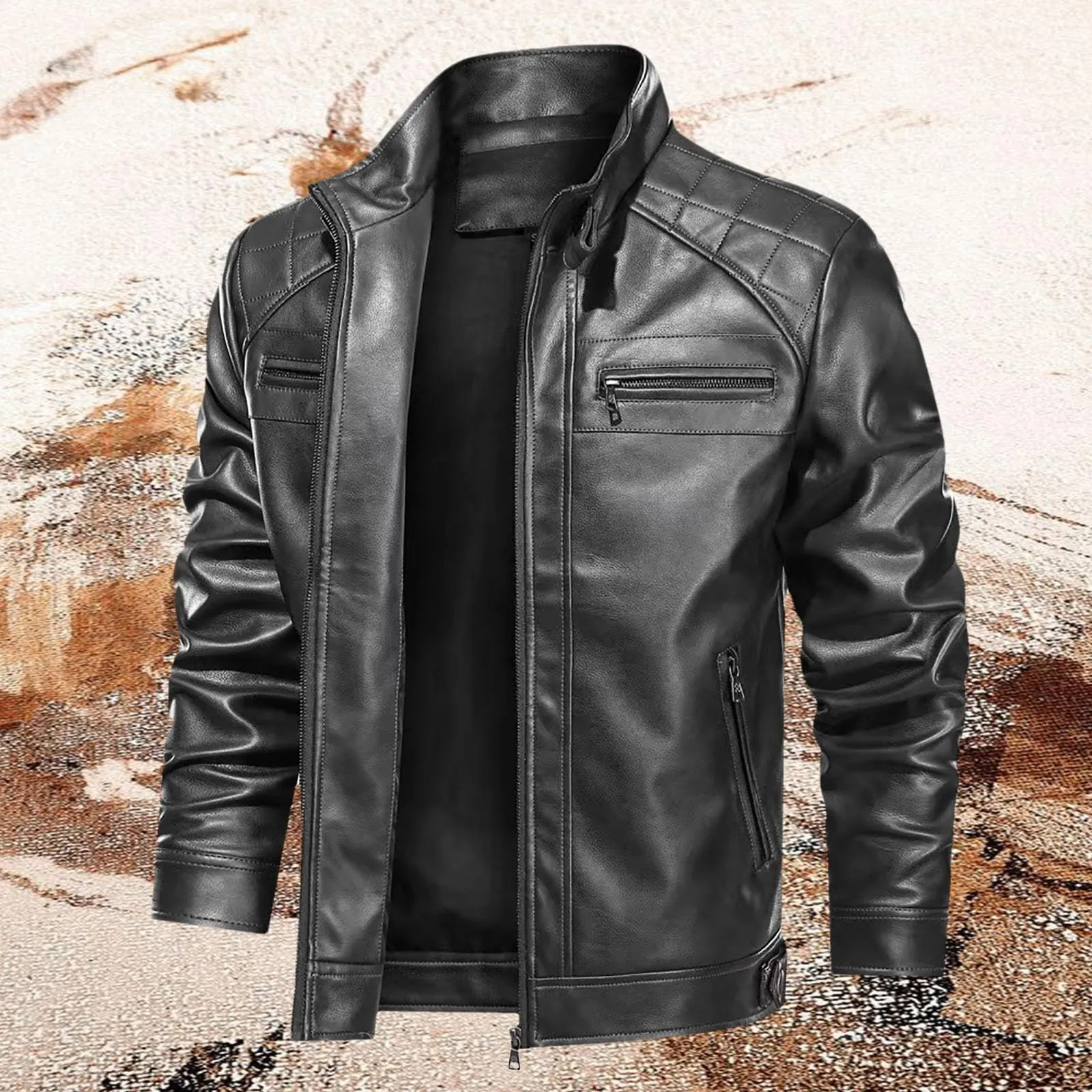 Giacca in Similpelle da Uomo con Collo Alto e Cerniera, Stile Moto Pilota Vintage - immagine 2