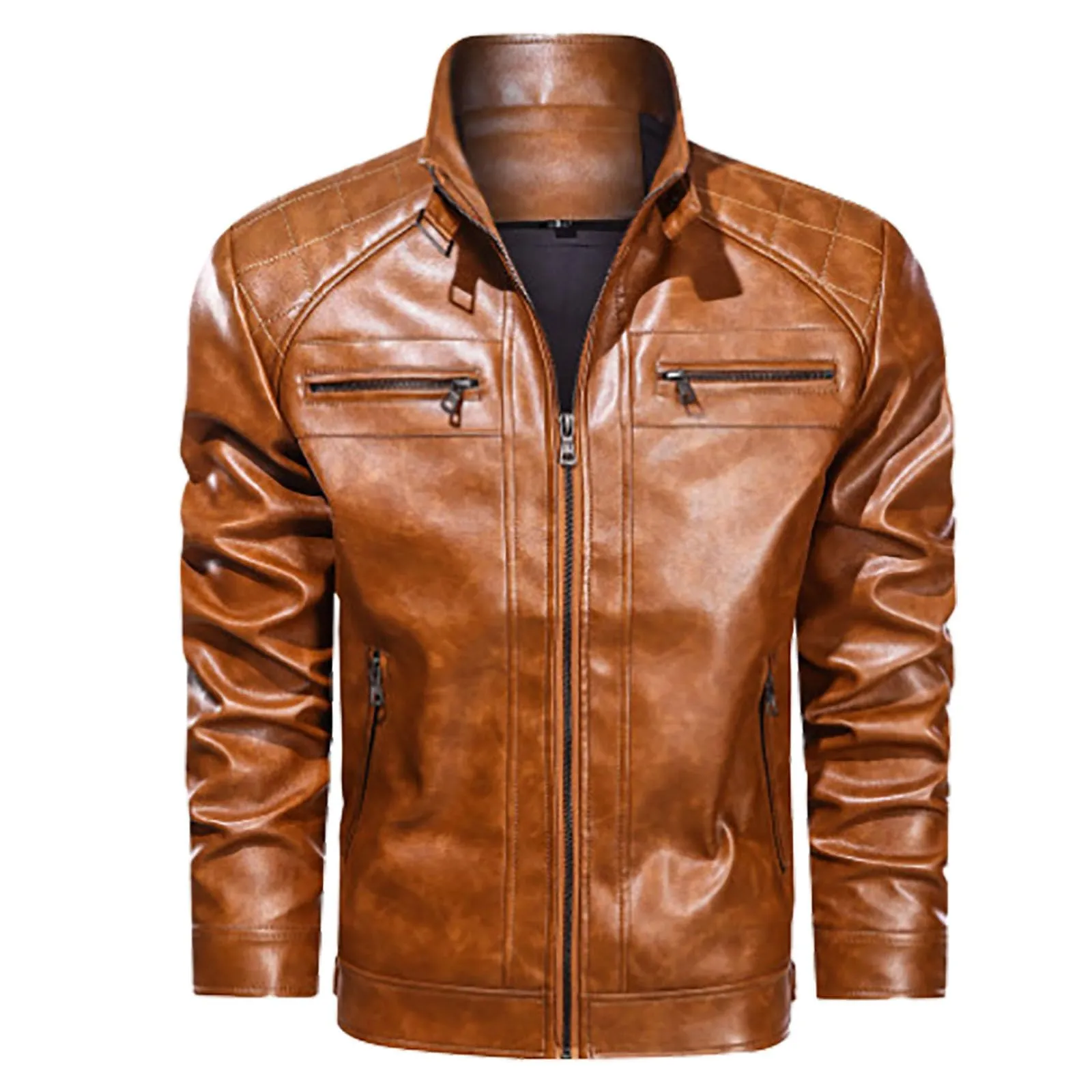 Giacca in Pelle PU Bomber Moto Slim Fit per Uomo, Colletto Casual con Cerniera, Antivento in Ecopelle - immagine 1