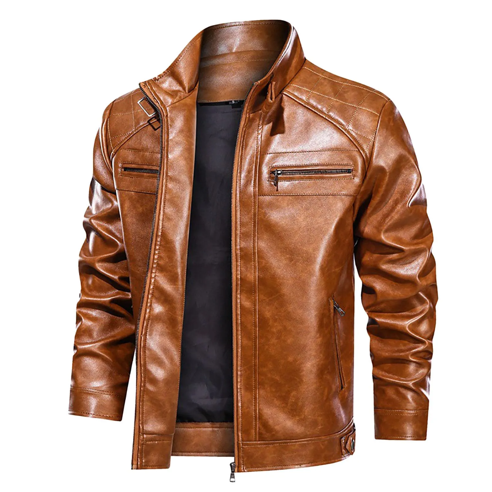 Giacca in Pelle PU Bomber Moto Slim Fit per Uomo, Colletto Casual con Cerniera, Antivento in Ecopelle - immagine 4