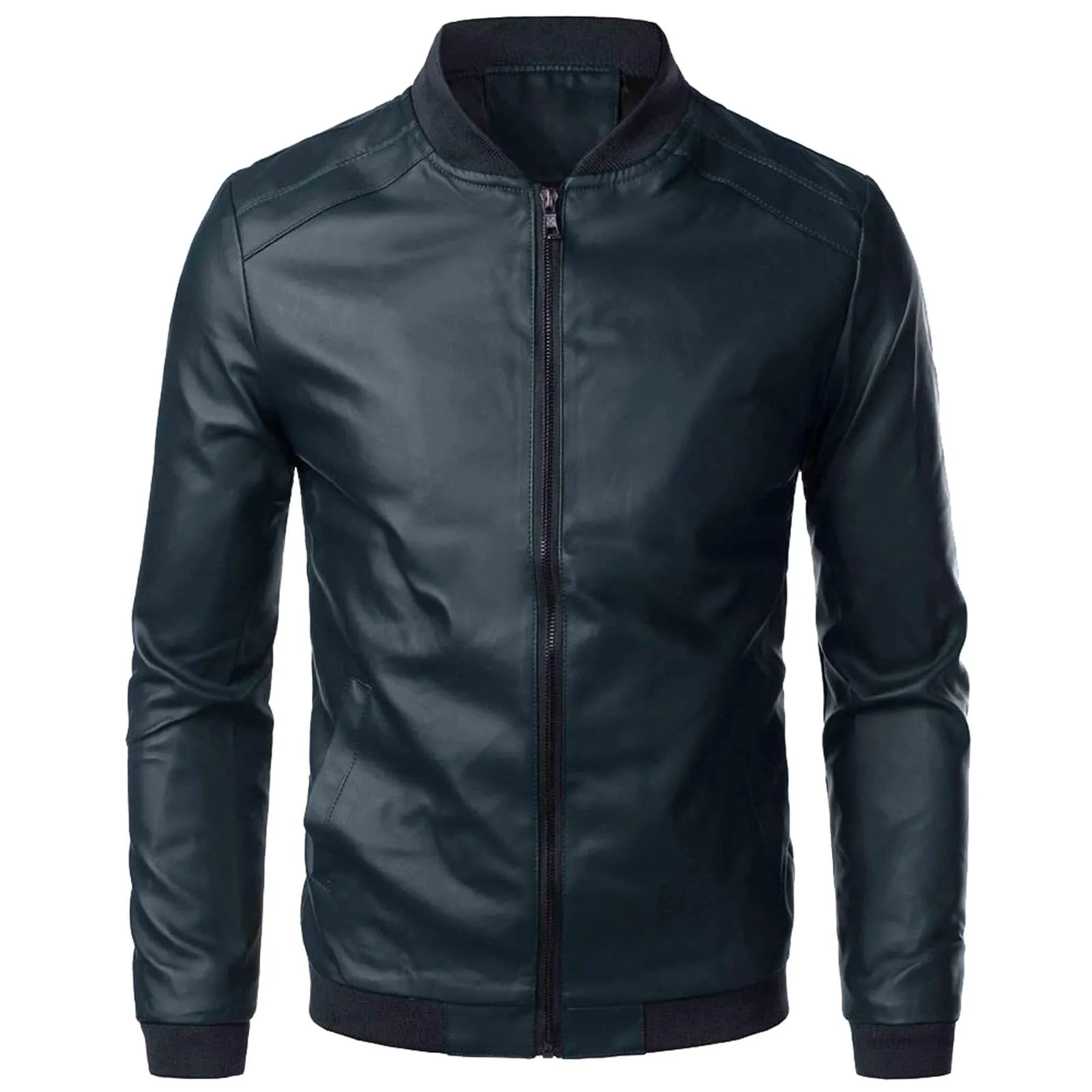 Giubbotto in Pelle Sintetica da Uomo, Stile Biker Casual, Nero - immagine 2