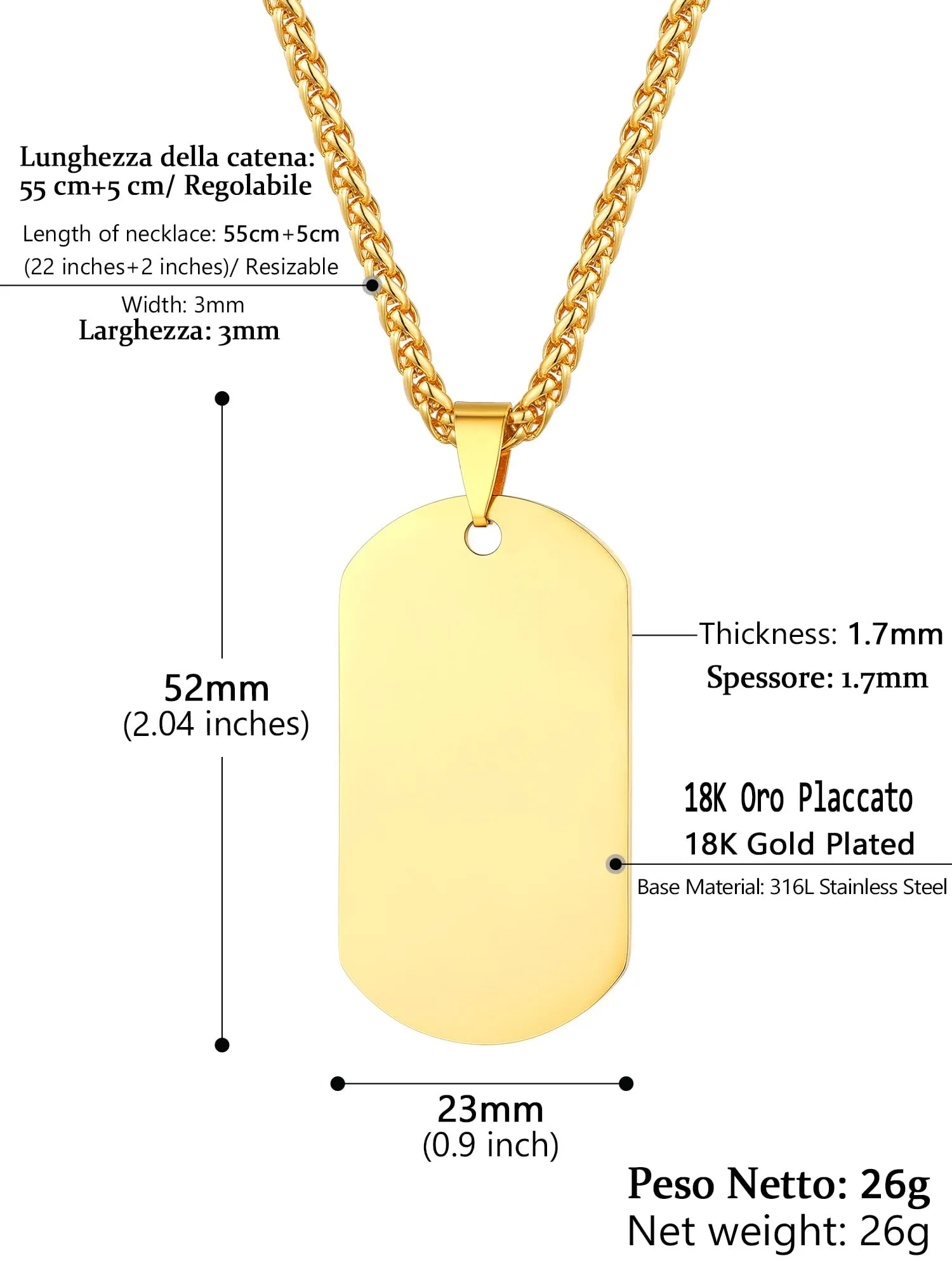 PROSTEEL Collana Militare Dog Tag Personalizzata in Acciaio con Incisione Laser, Catena 55+5 cm - immagine 5