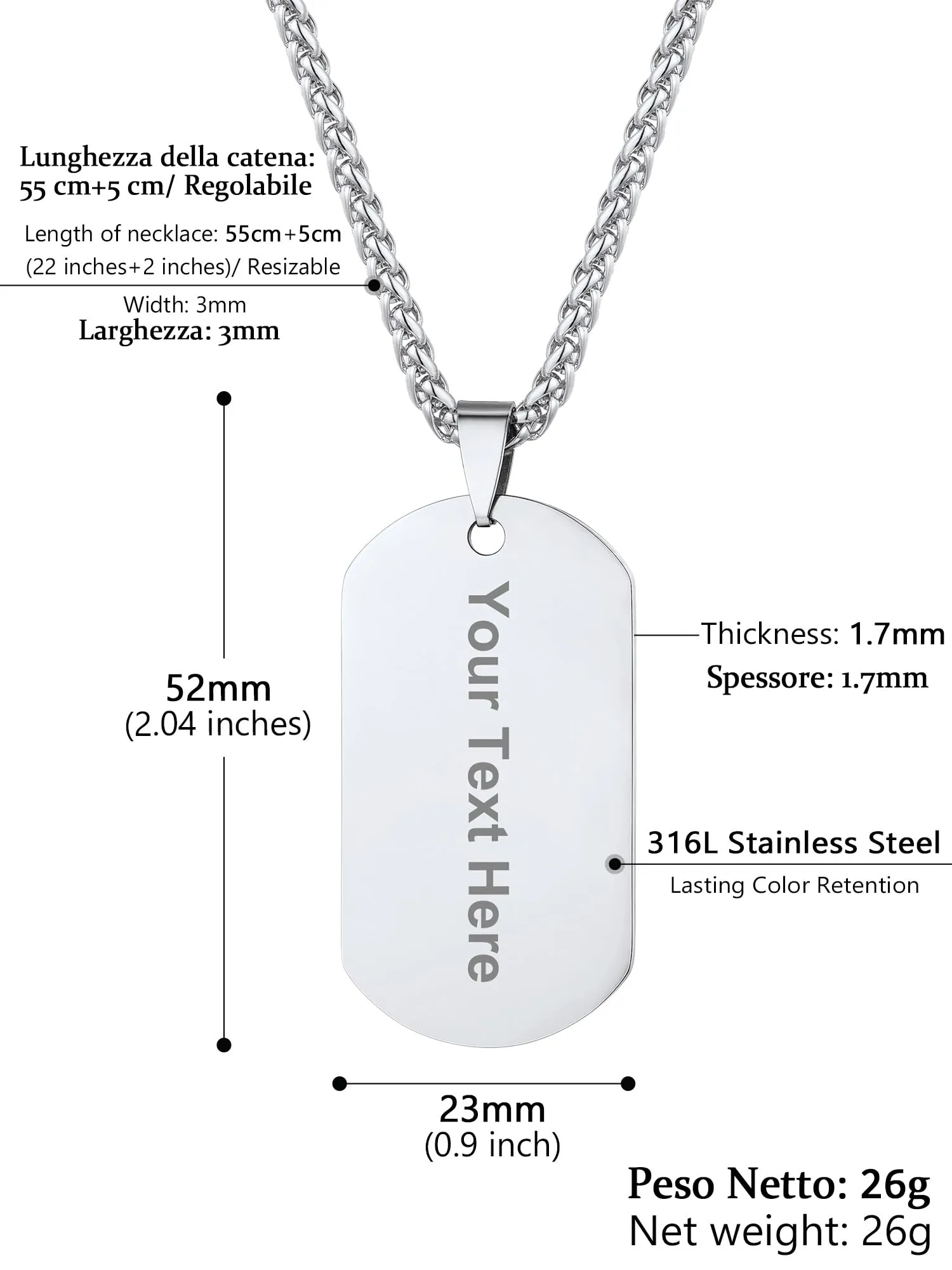 PROSTEEL Collana Militare Personalizzata Dog Tag in Acciaio Inossidabile, Catena 55+5 cm - immagine 4