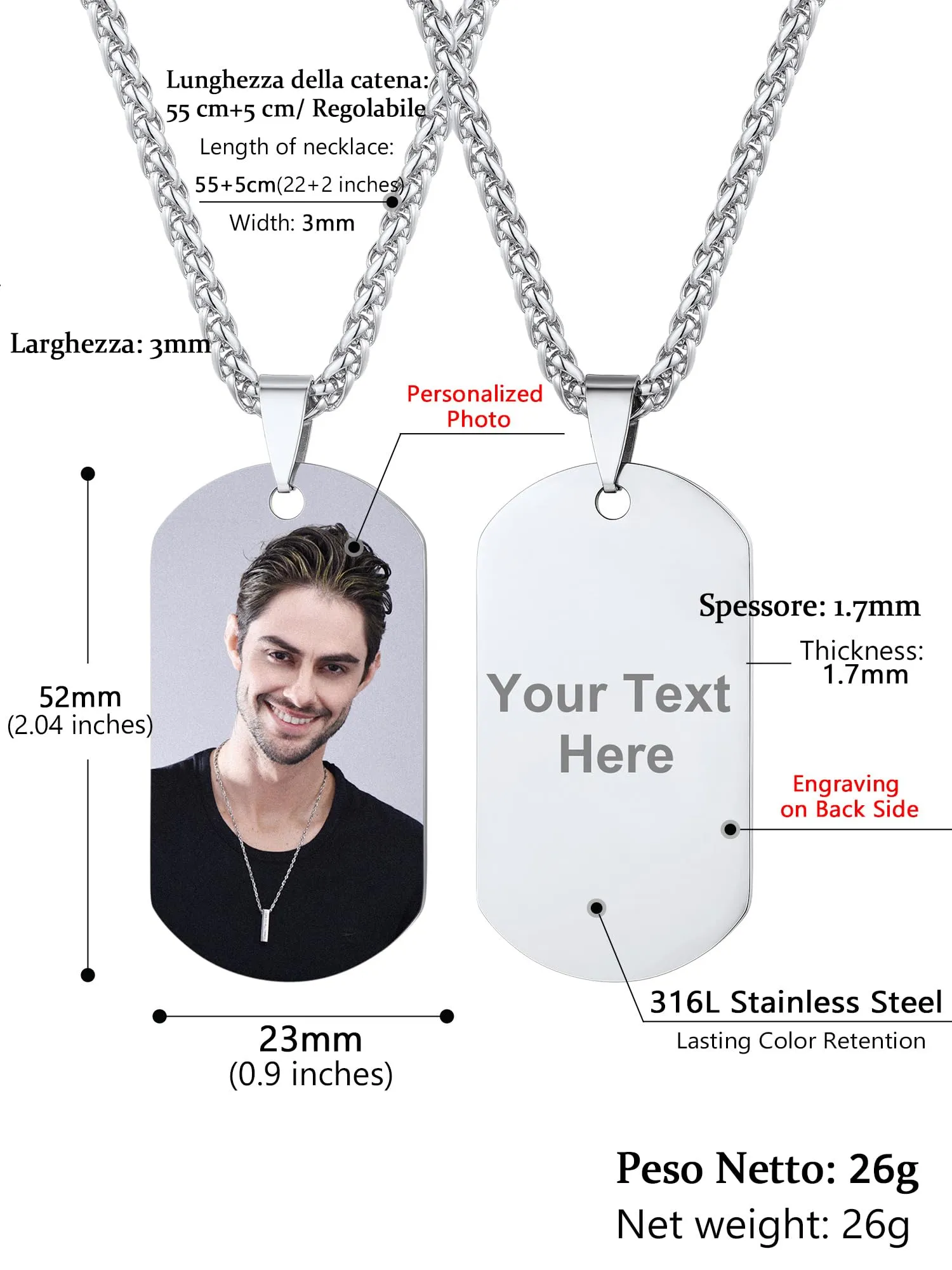 PROSTEEL Collana Militare Dog Tag Personalizzata in Acciaio 316L, Catena 55+5 cm - immagine 3