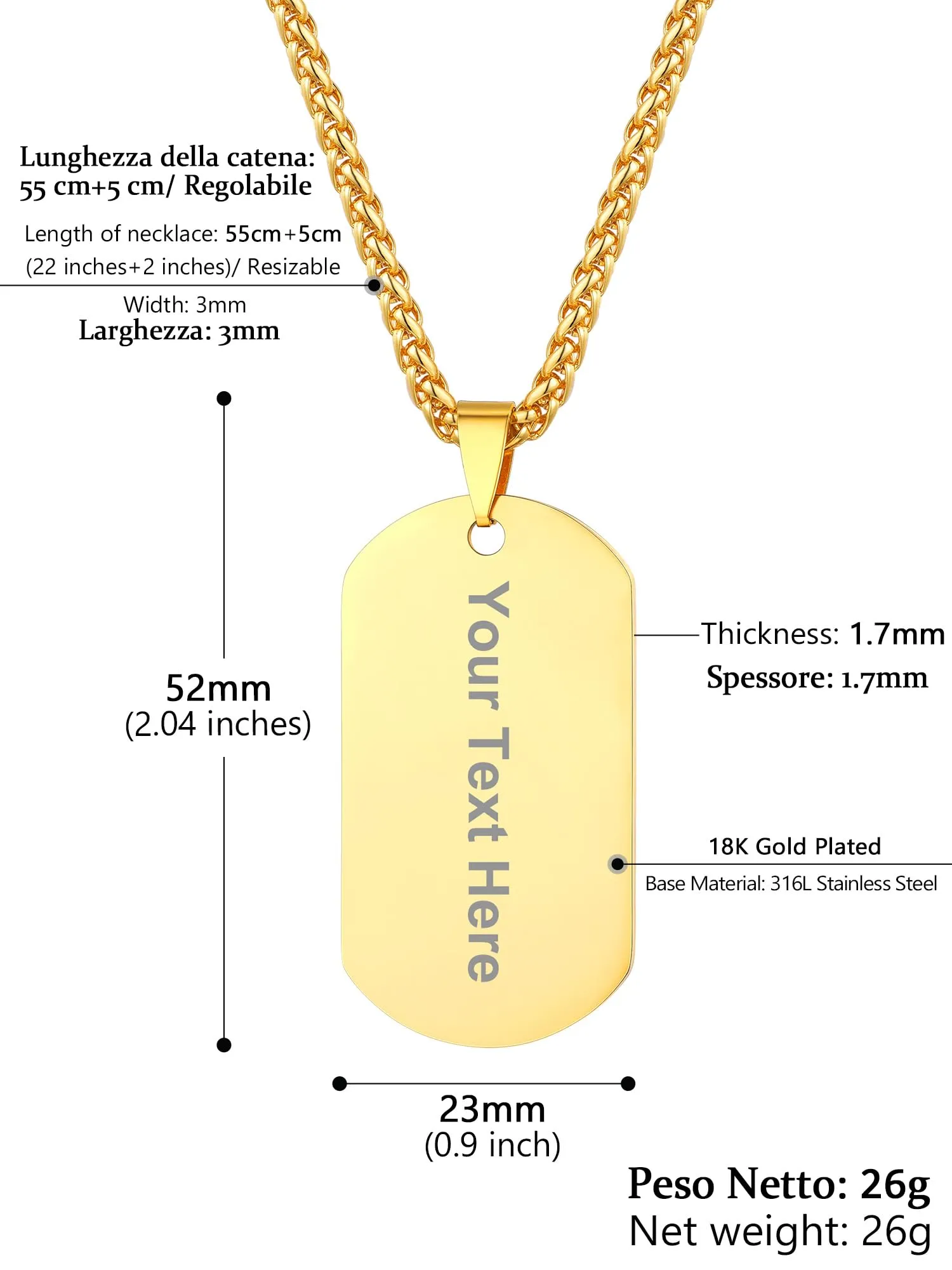 PROSTEEL Collana Militare Dog Tag Personalizzata in Acciaio Inossidabile 316L, Catena 55+5 cm - immagine 4