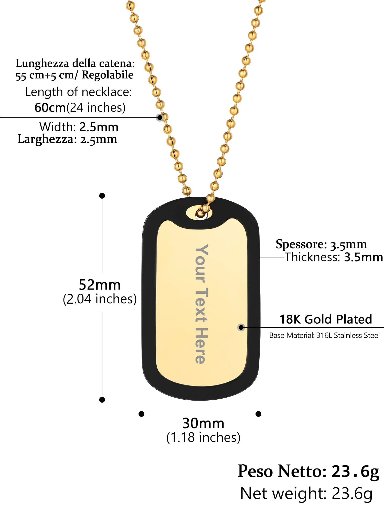 PROSTEEL Collana Uomo Dog Tag Militare Personalizzata con Incisione Laser e Catena a Palla 55+5 cm - immagine 5