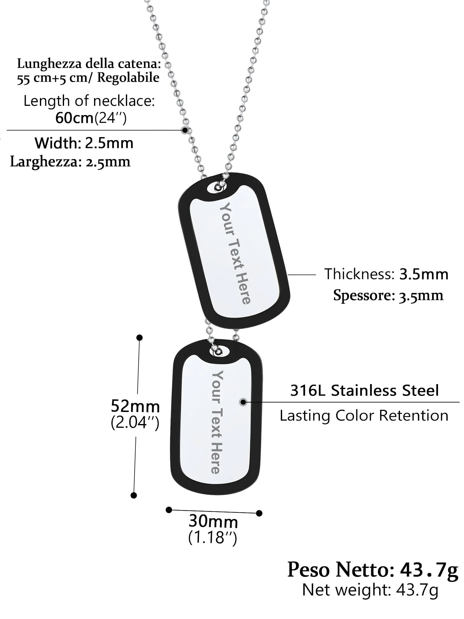 PROSTEEL Piastrina Militare Personalizzabile Dog Tag in Acciaio Inossidabile per Donna e Uomo, Argento - immagine 7