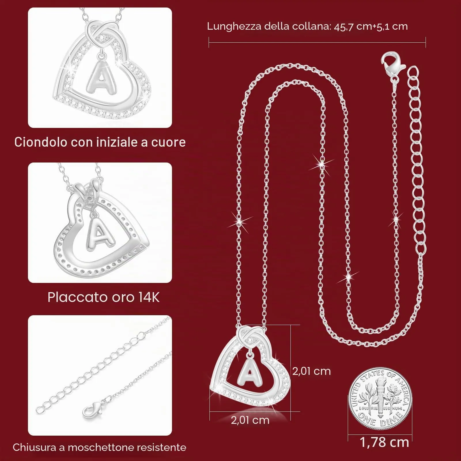 Esmoly Collana Donna Cuore Lettera Pendente (Argento Q) - immagine 4