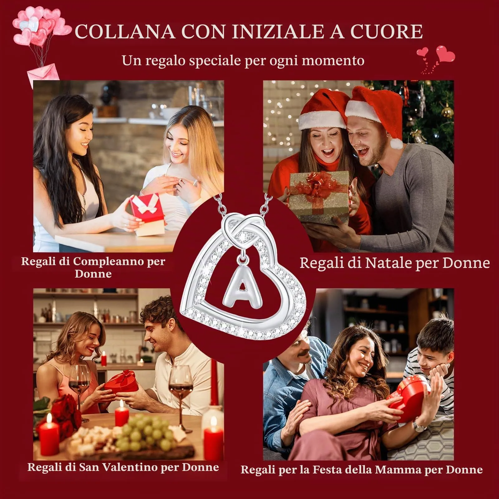 Esmoly Collana Donna Cuore Lettera Pendente (Argento Q) - immagine 6