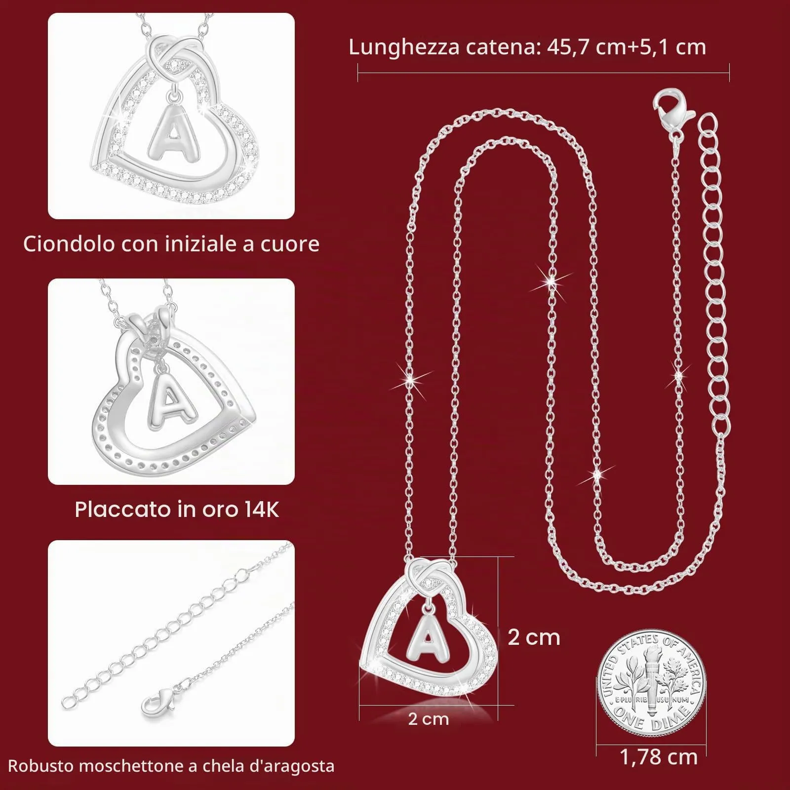 Esmoly Collana Donna Cuore Lettera Pendente Argento G - immagine 4