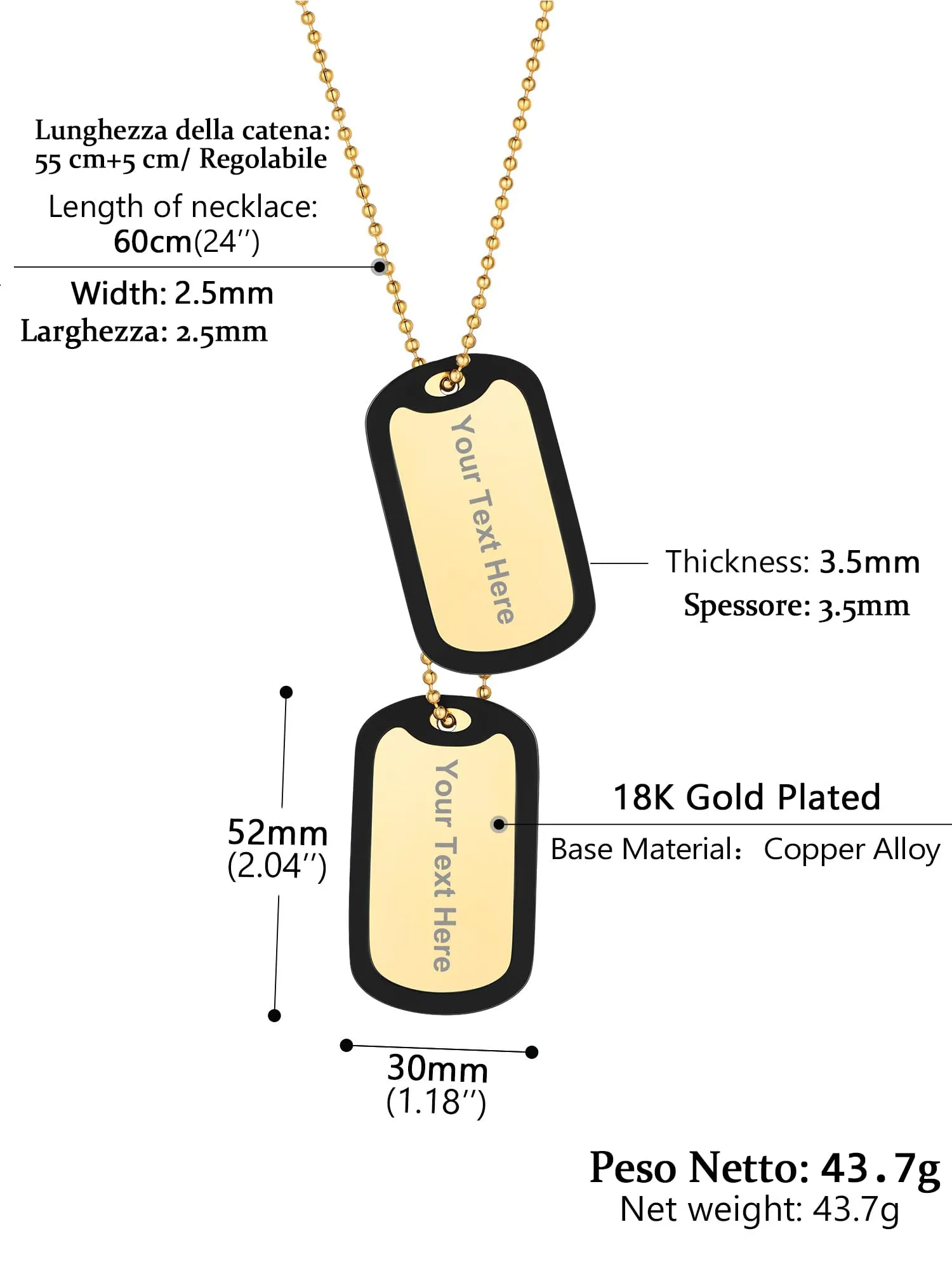 PROSTEEL Collana Militare Dog Tag Personalizzabile in Acciaio Inossidabile Placcato Oro, Unisex - immagine 3