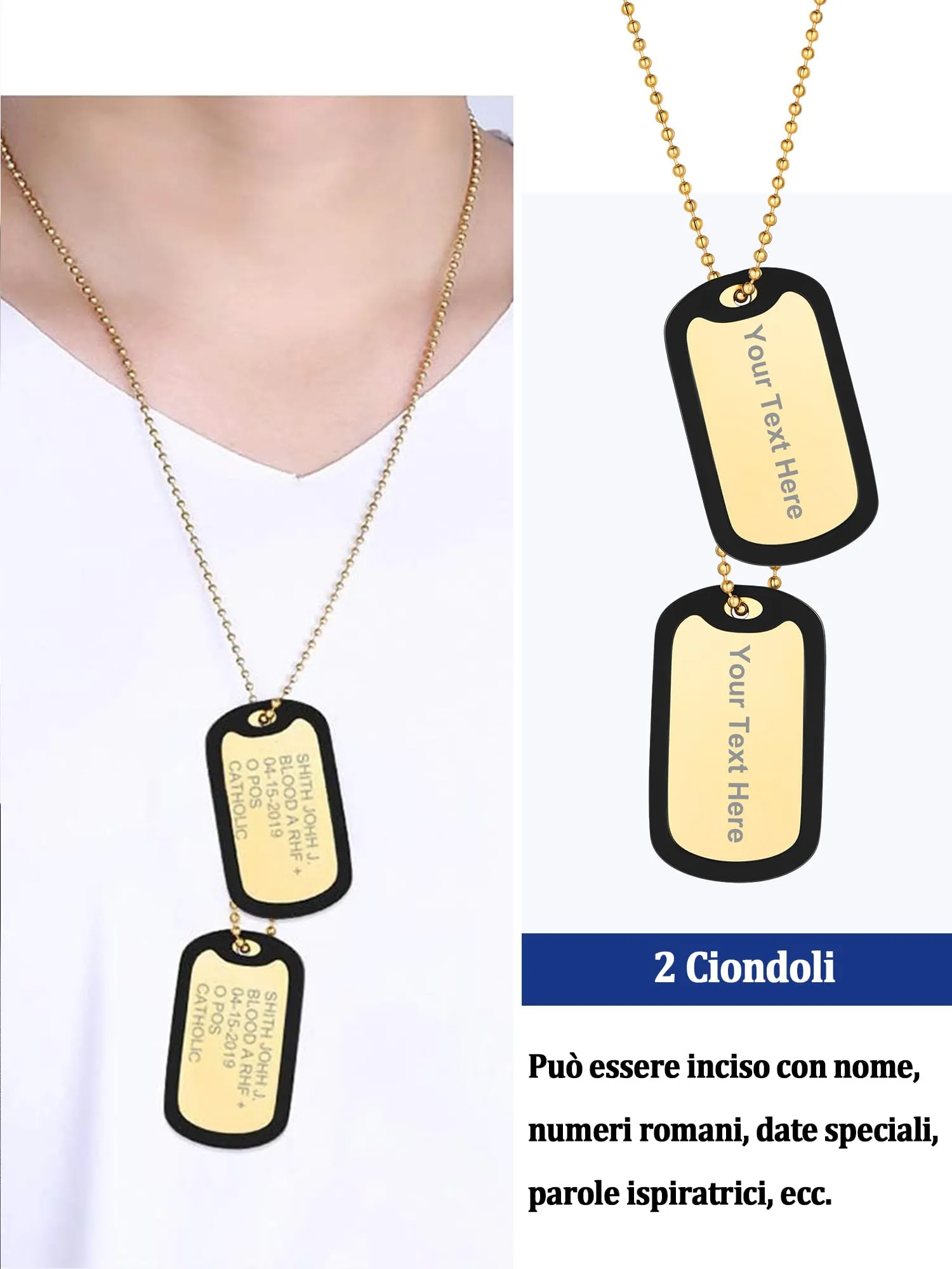 PROSTEEL Collana Militare Dog Tag Personalizzabile in Acciaio Inossidabile Placcato Oro, Unisex - immagine 7