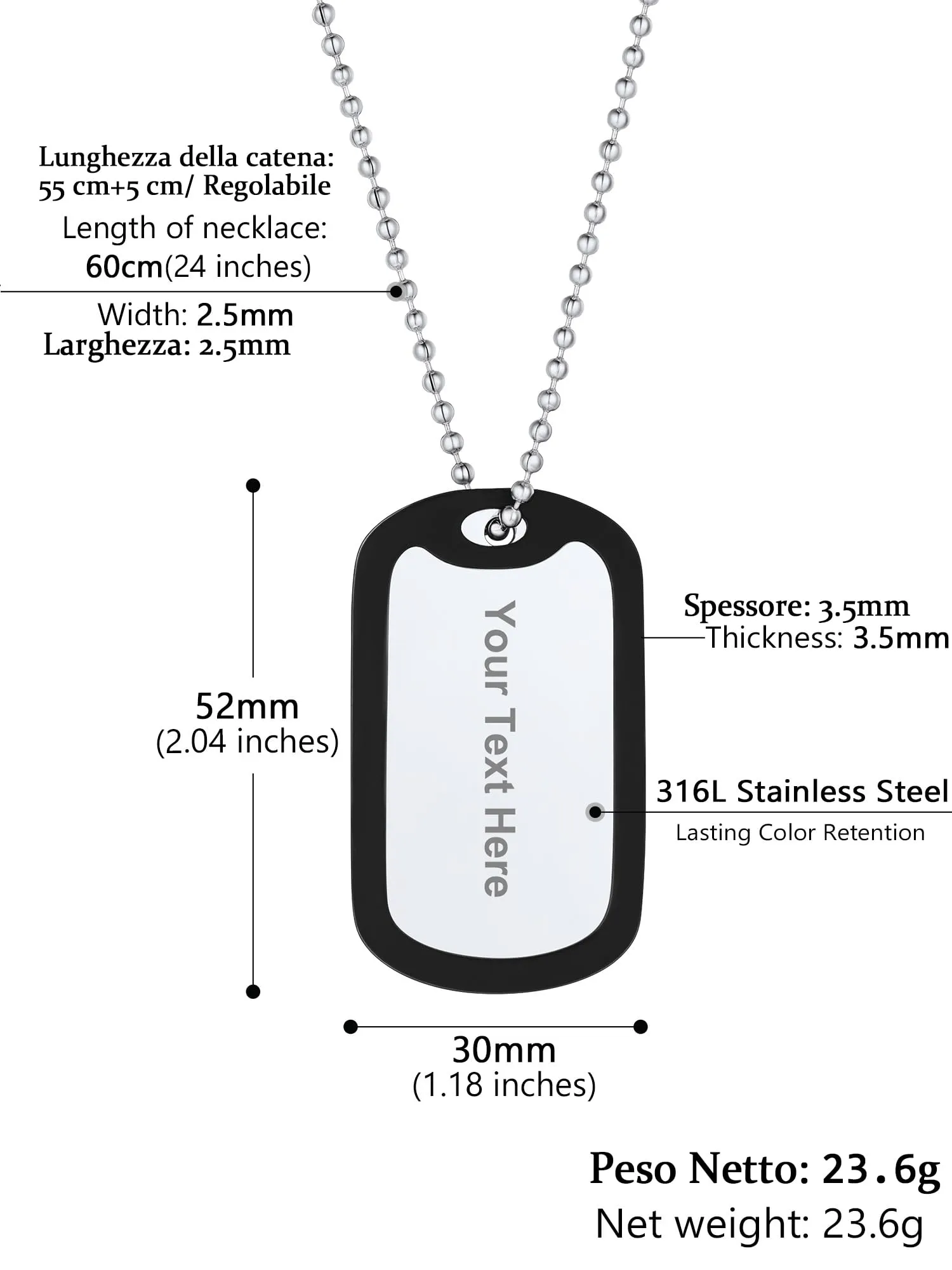PROSTEEL Collana Uomo Dog Tag Personalizzata con Incisione Laser e Catena a Palla 55+5 cm - immagine 3