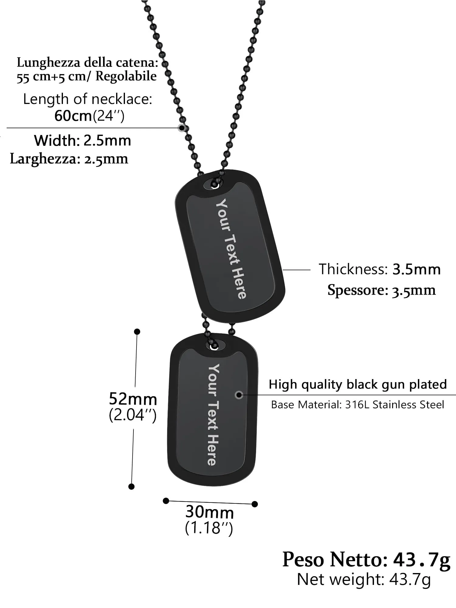 PROSTEEL Collana Uomo Dog Tag Militare Personalizzata con Incisione Laser, Catena a Palla 60 cm - immagine 4