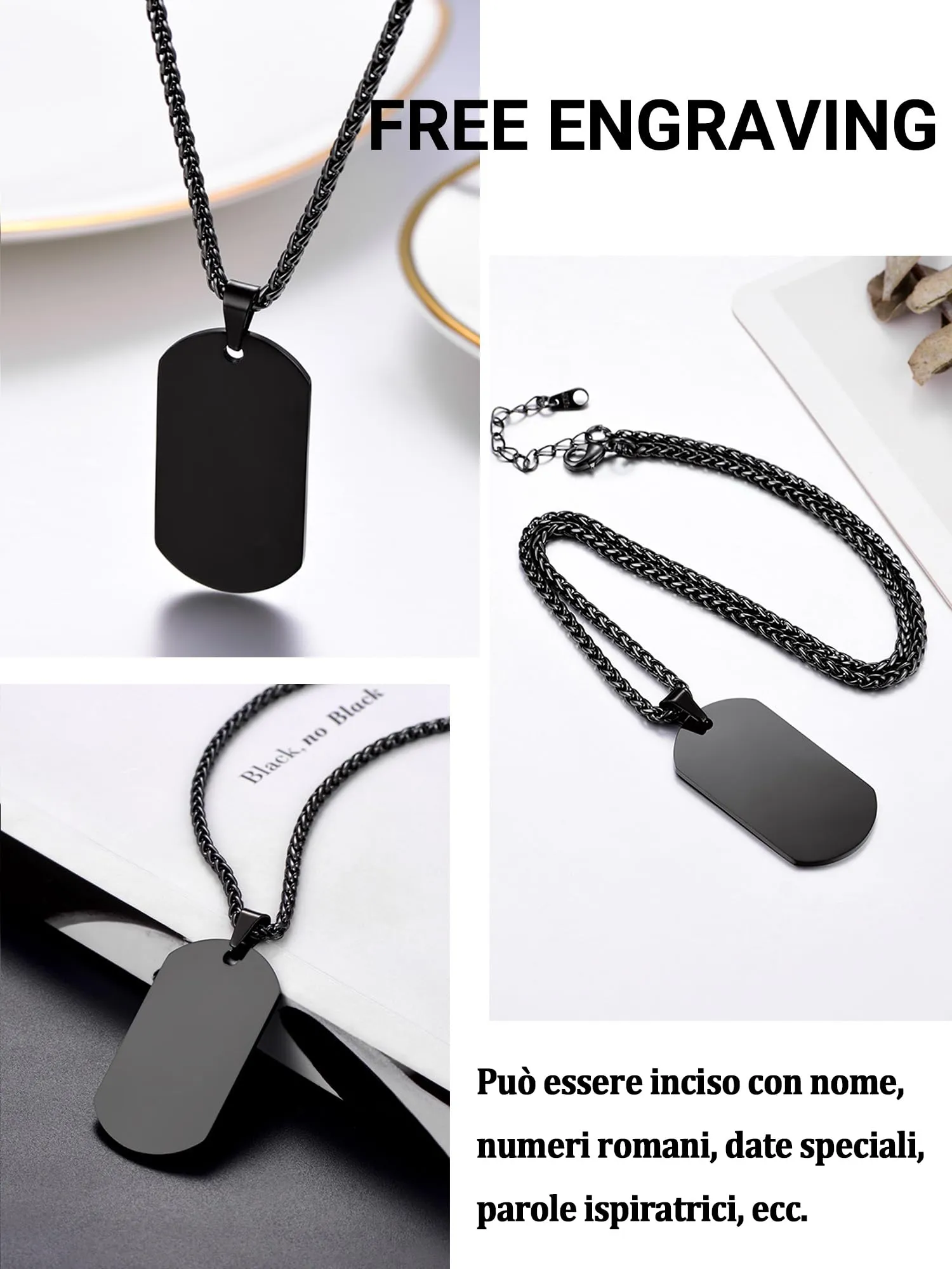 PROSTEEL Collana Militare Dog Tag in Acciaio Inossidabile, Catena Regolabile 55-60 cm, Nero, Unisex - immagine 3