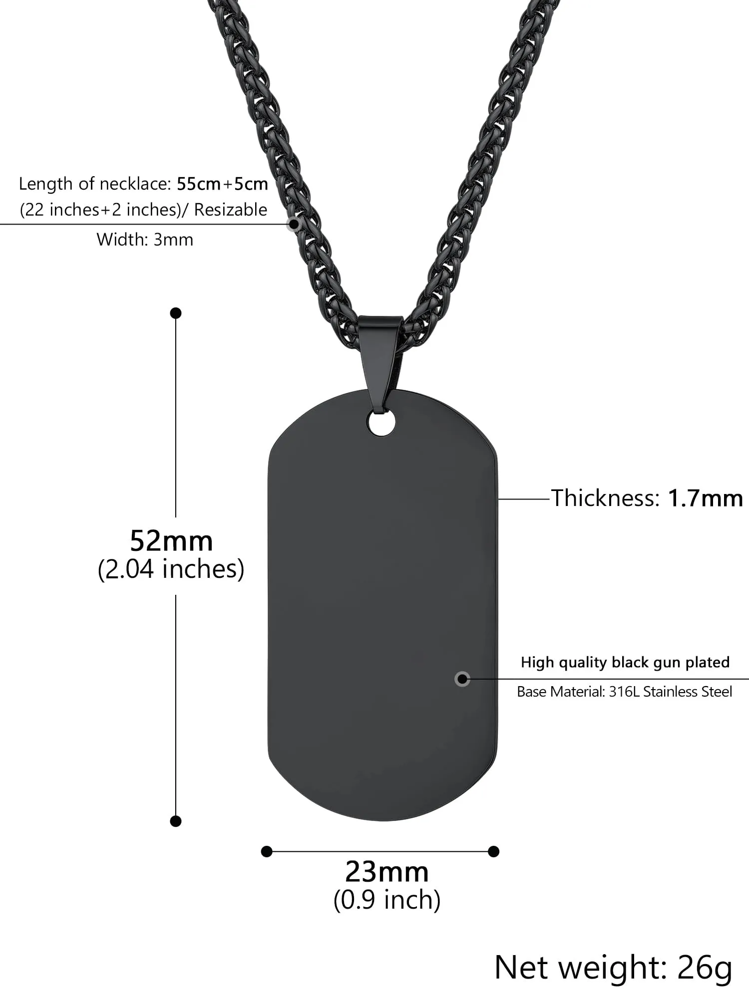 PROSTEEL Collana Militare Dog Tag in Acciaio Inossidabile, Catena Regolabile 55-60 cm, Nero, Unisex - immagine 5