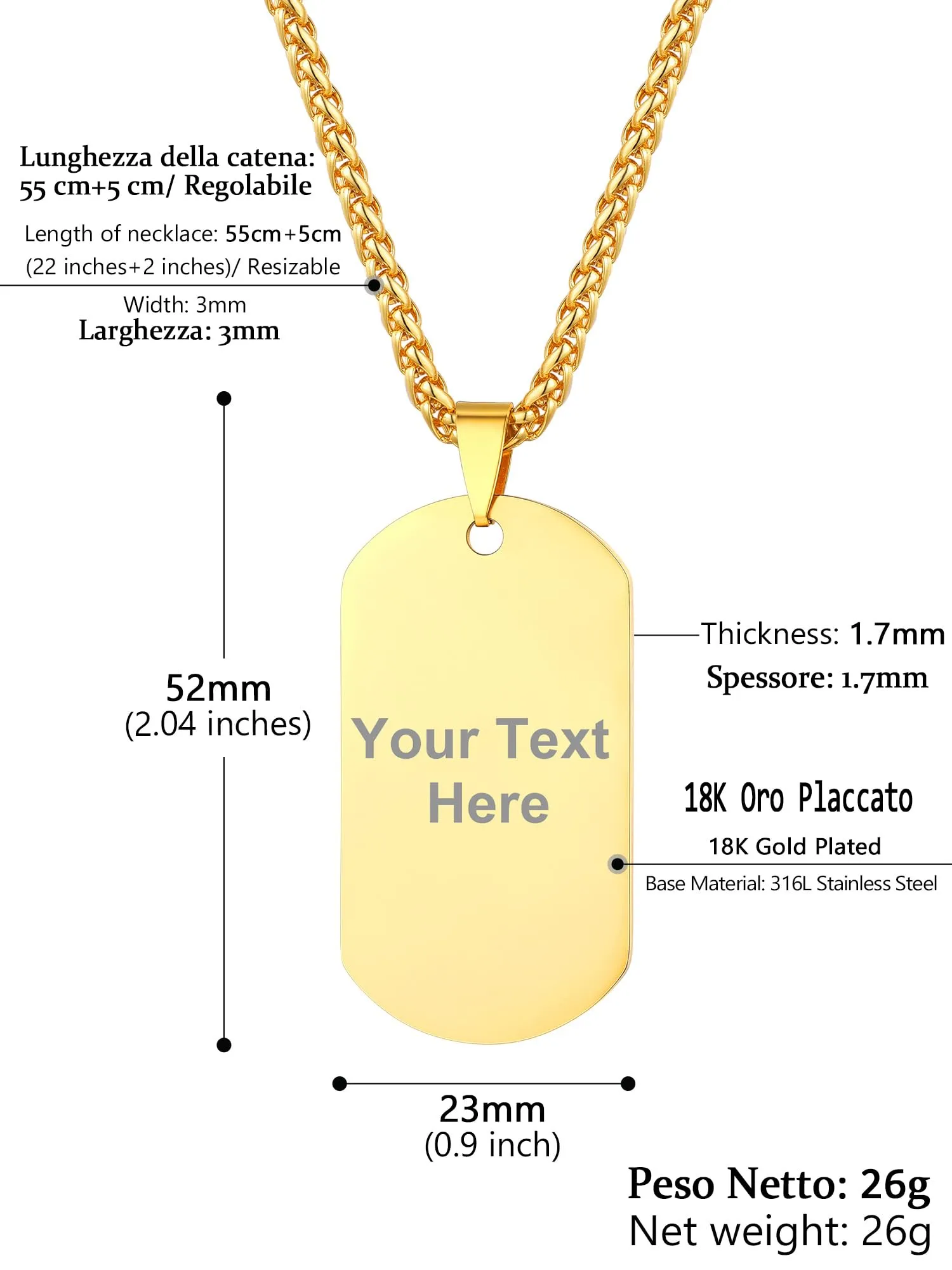 PROSTEEL Collana Militare Dog Tag Personalizzabile in Acciaio Inossidabile, Catena 55+5 cm - immagine 5