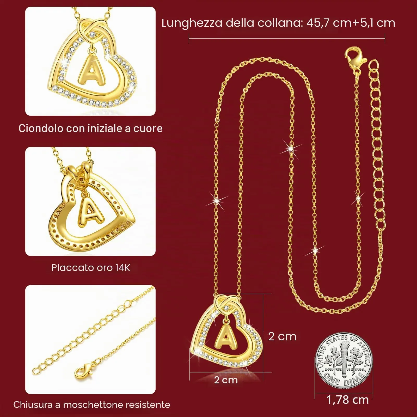 Esmoly Collana Donna Cuore Lettera Pendente, Oro A - immagine 4