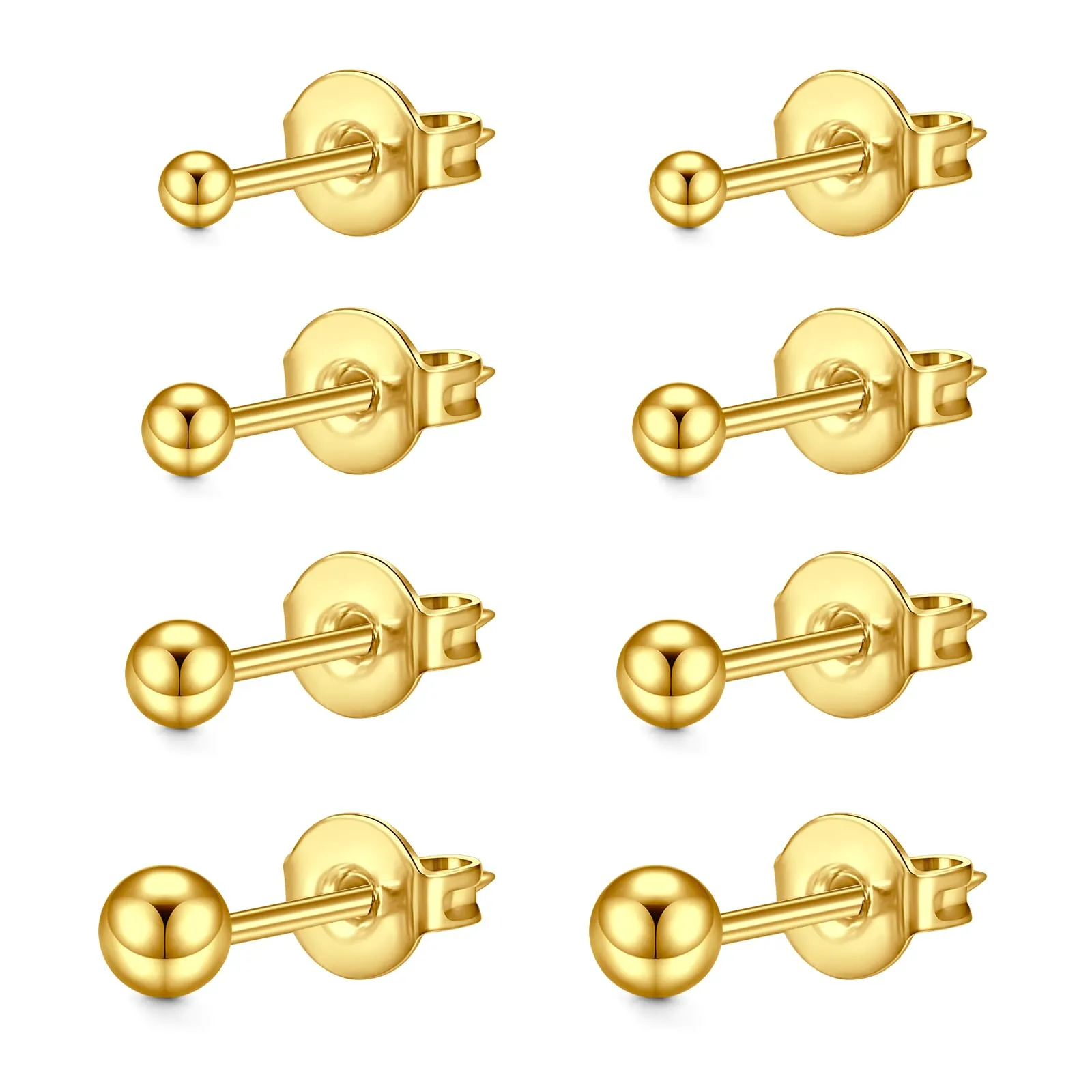 LAURITAMI Set di 4 Paia di Orecchini a Pallina in Acciaio Chirurgico 20G, 3-6mm, Oro - immagine 1