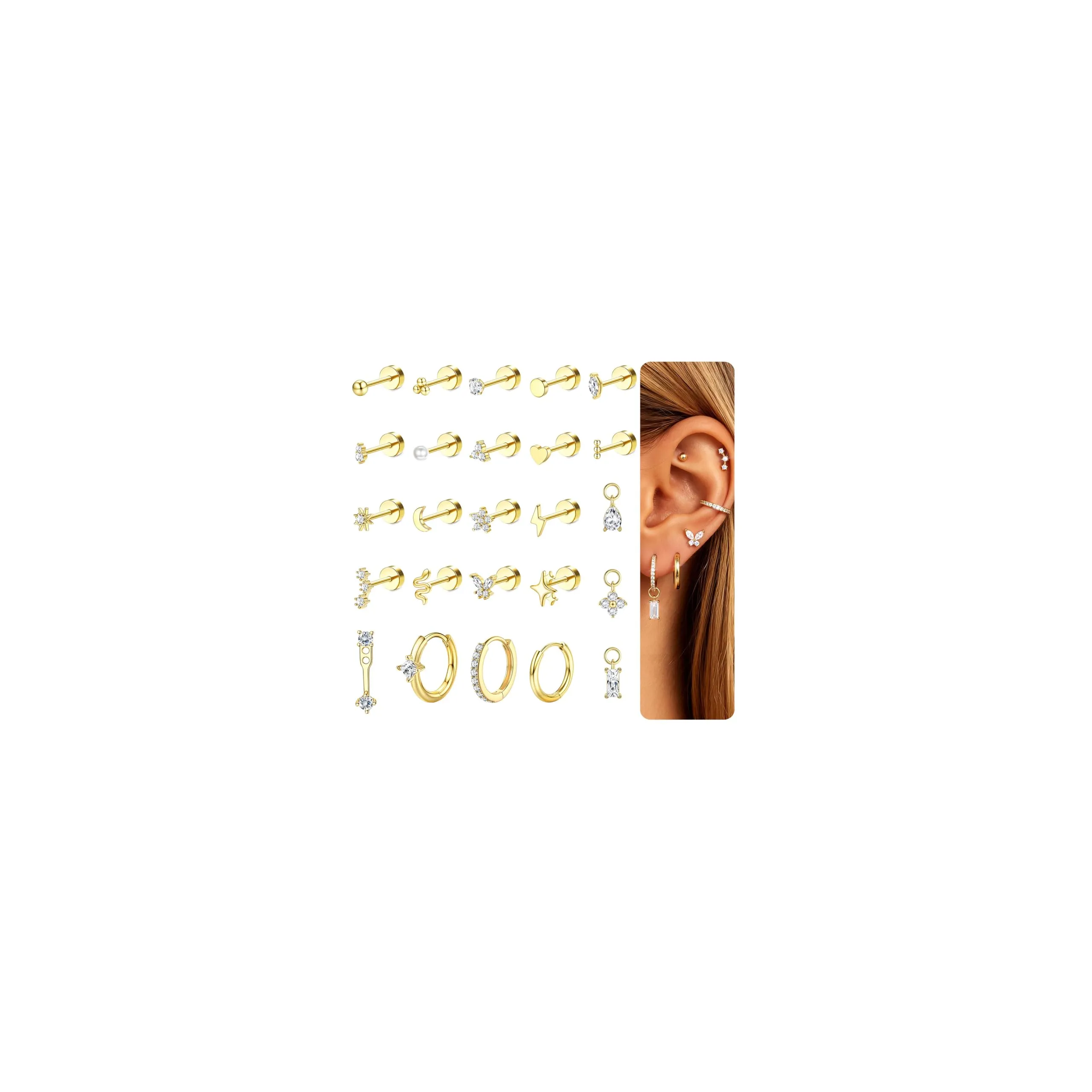 KRFY Set 25 Pezzi Orecchini Donna in Acciaio Chirurgico Ipoallergenico, Oro e Argento per Piercing Lobo, Trago, Rook, Daith e Helix - GW - immagine 1