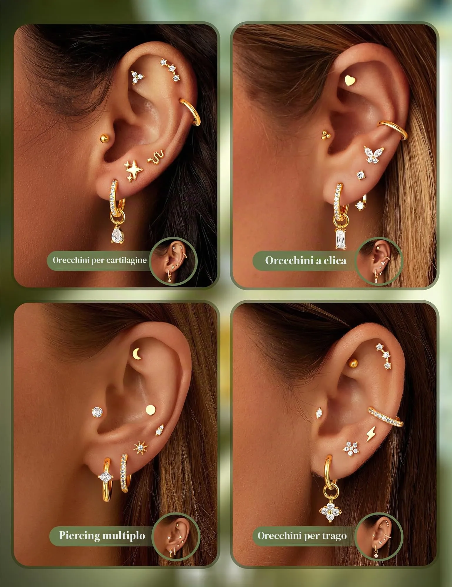 KRFY Set 25 Pezzi Orecchini Donna in Acciaio Chirurgico Ipoallergenico, Oro e Argento per Piercing Lobo, Trago, Rook, Daith e Helix - GW - immagine 2
