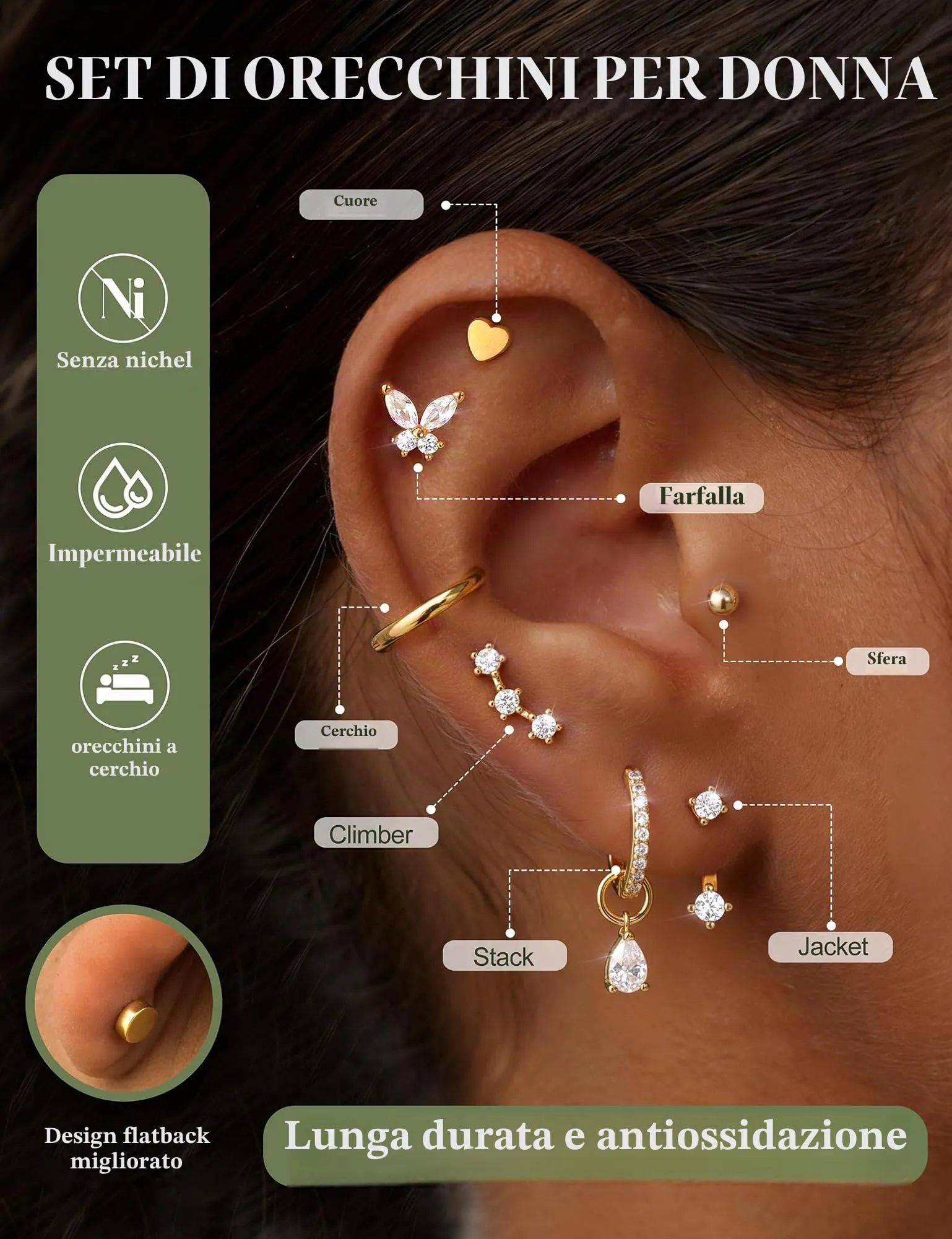KRFY Set 25 Pezzi Orecchini Donna in Acciaio Chirurgico Ipoallergenico, Oro e Argento per Piercing Lobo, Trago, Rook, Daith e Helix - GW - immagine 3