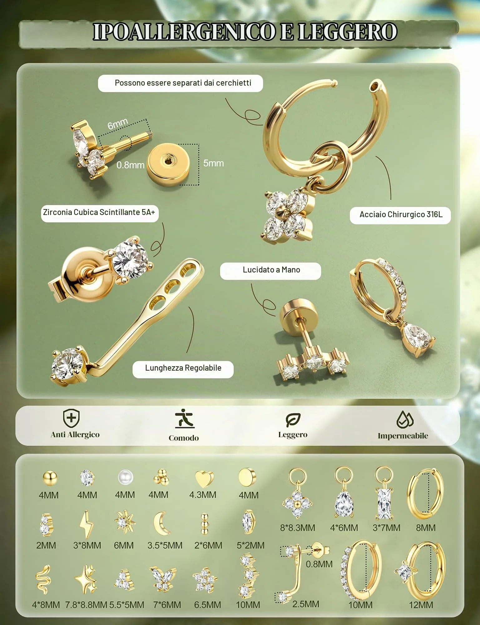 KRFY Set 25 Pezzi Orecchini Donna in Acciaio Chirurgico Ipoallergenico, Oro e Argento per Piercing Lobo, Trago, Rook, Daith e Helix - GW - immagine 5