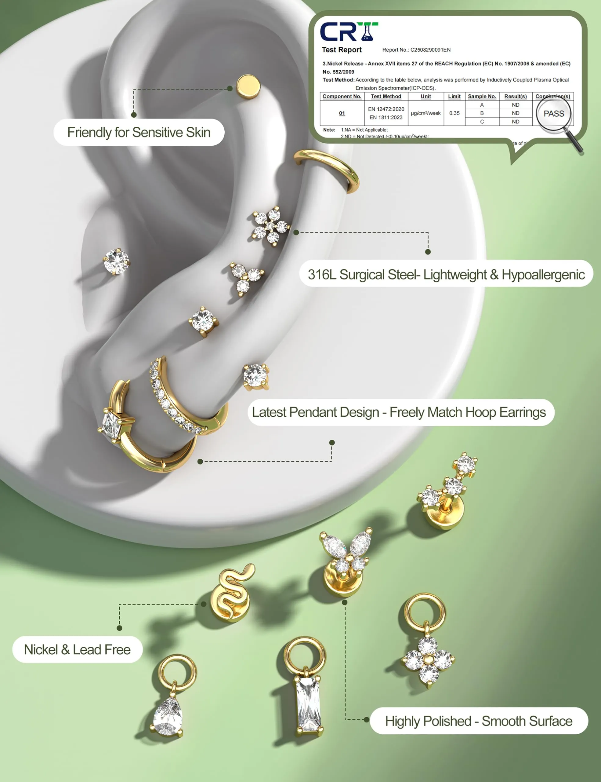 KRFY Set 25 Pezzi Orecchini Donna in Acciaio Chirurgico Ipoallergenico, Oro e Argento per Piercing Lobo, Trago, Rook, Daith e Helix - GW - immagine 6