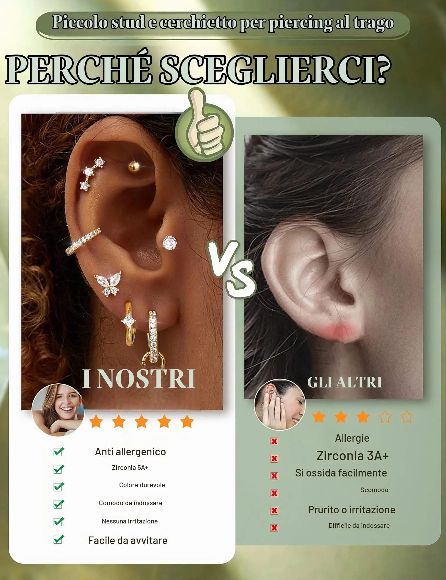 KRFY Set 25 Pezzi Orecchini Donna in Acciaio Chirurgico Ipoallergenico, Oro e Argento per Piercing Lobo, Trago, Rook, Daith e Helix - GW - immagine 7