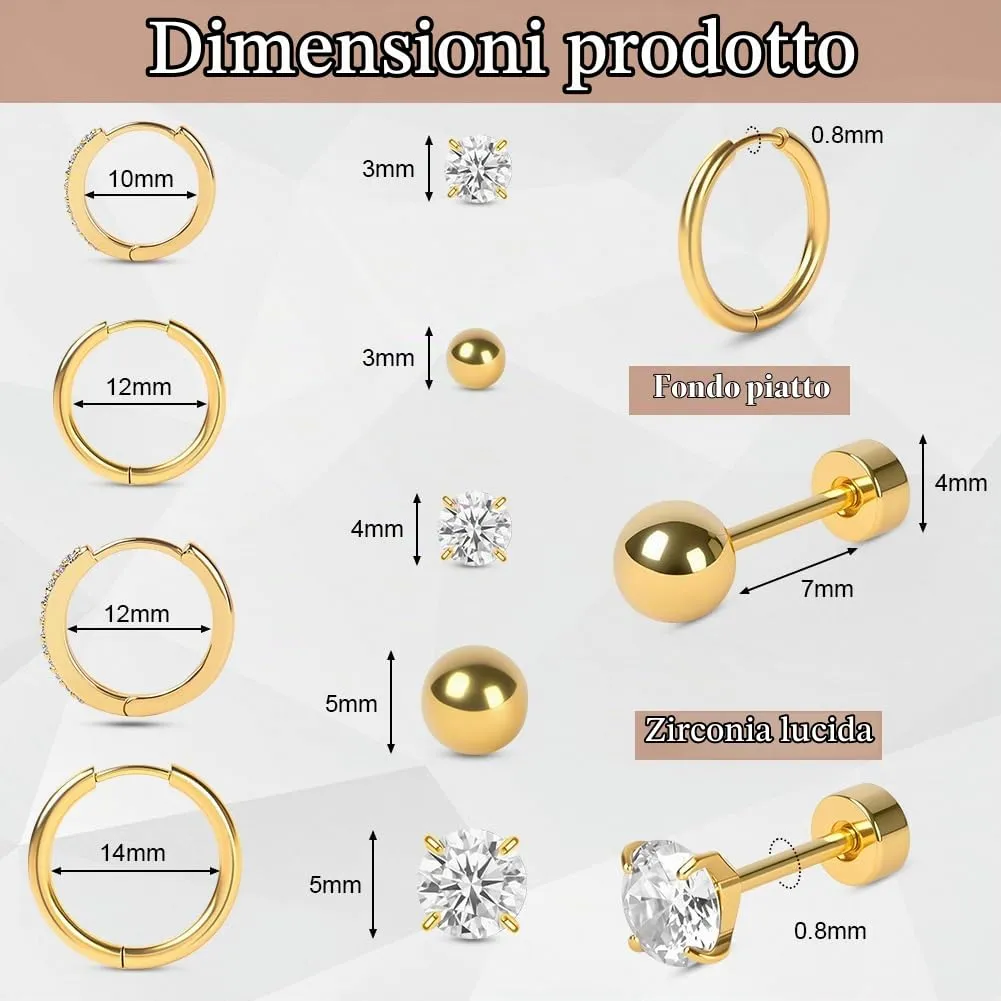 Vicloon Set di 18 Orecchini in Acciaio Chirurgico Oro, Borchie e Cerchi per Cartilagine Helix e Lobo, Ipoallergenici - immagine 2