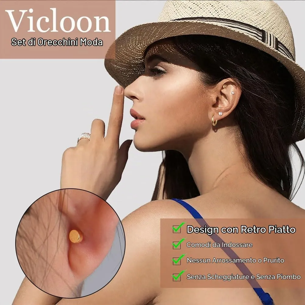 Vicloon Set di 18 Orecchini in Acciaio Chirurgico Oro, Borchie e Cerchi per Cartilagine Helix e Lobo, Ipoallergenici - immagine 4
