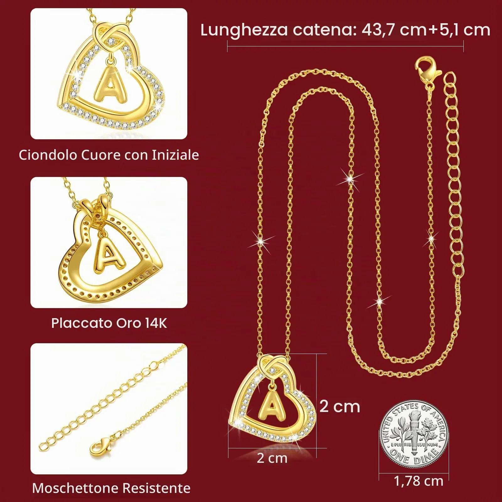 Esmoly Collana Donna Cuore Lettera Pendente - Oro V - immagine 3