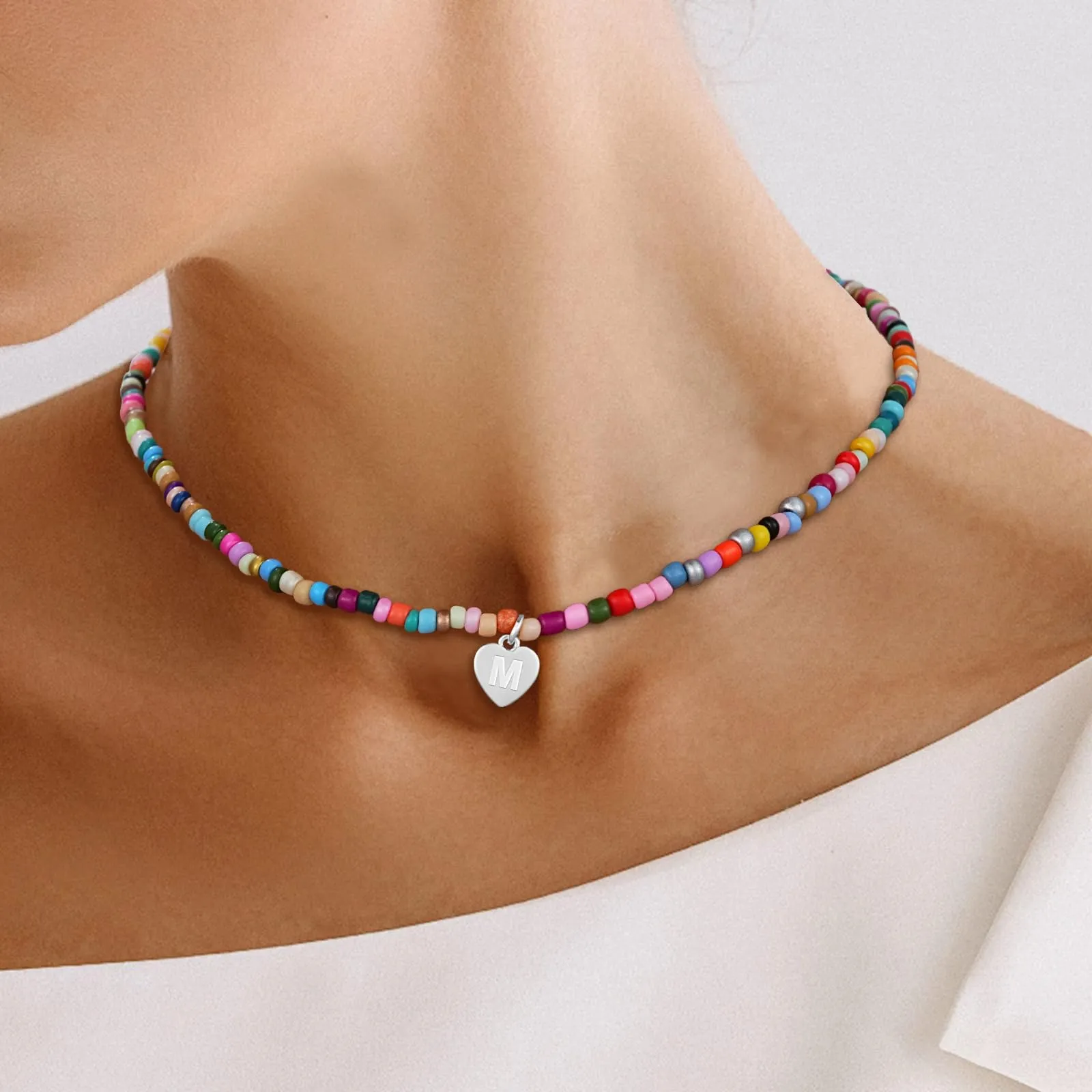 Esmoly Collana Donna con Perle Colorate e Lettera, Argento W, 14+2 Inches - immagine 4