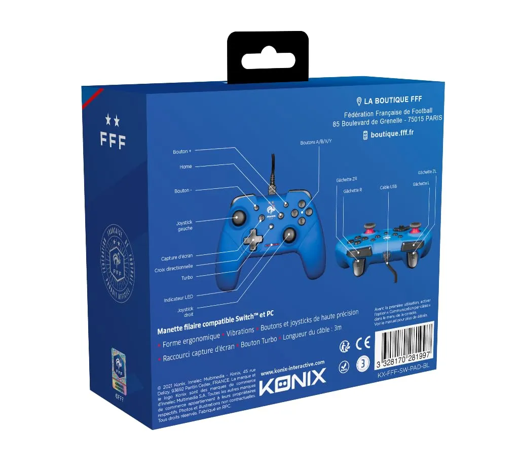 Konix FFF Controller per Nintendo Switch e PC, Funzione Vibrazione, Cavo 3m, Blu - immagine 6