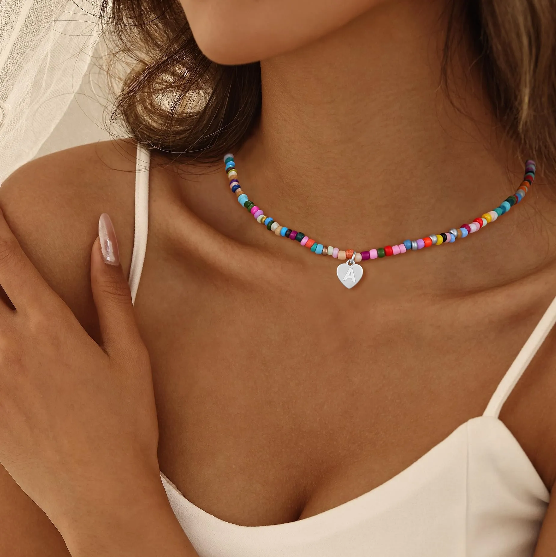 Esmoly Collana Donna con Perle Colorate e Lettera (Argento U), 14+2 Inches - immagine 2