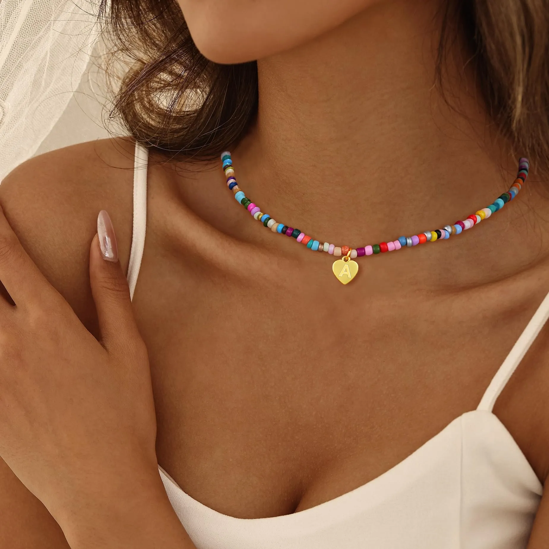 Esmoly Collana Donna con Perle Colorate e Lettera, Argento/18K Oro, 14+2 Inches (Oro E) - immagine 2