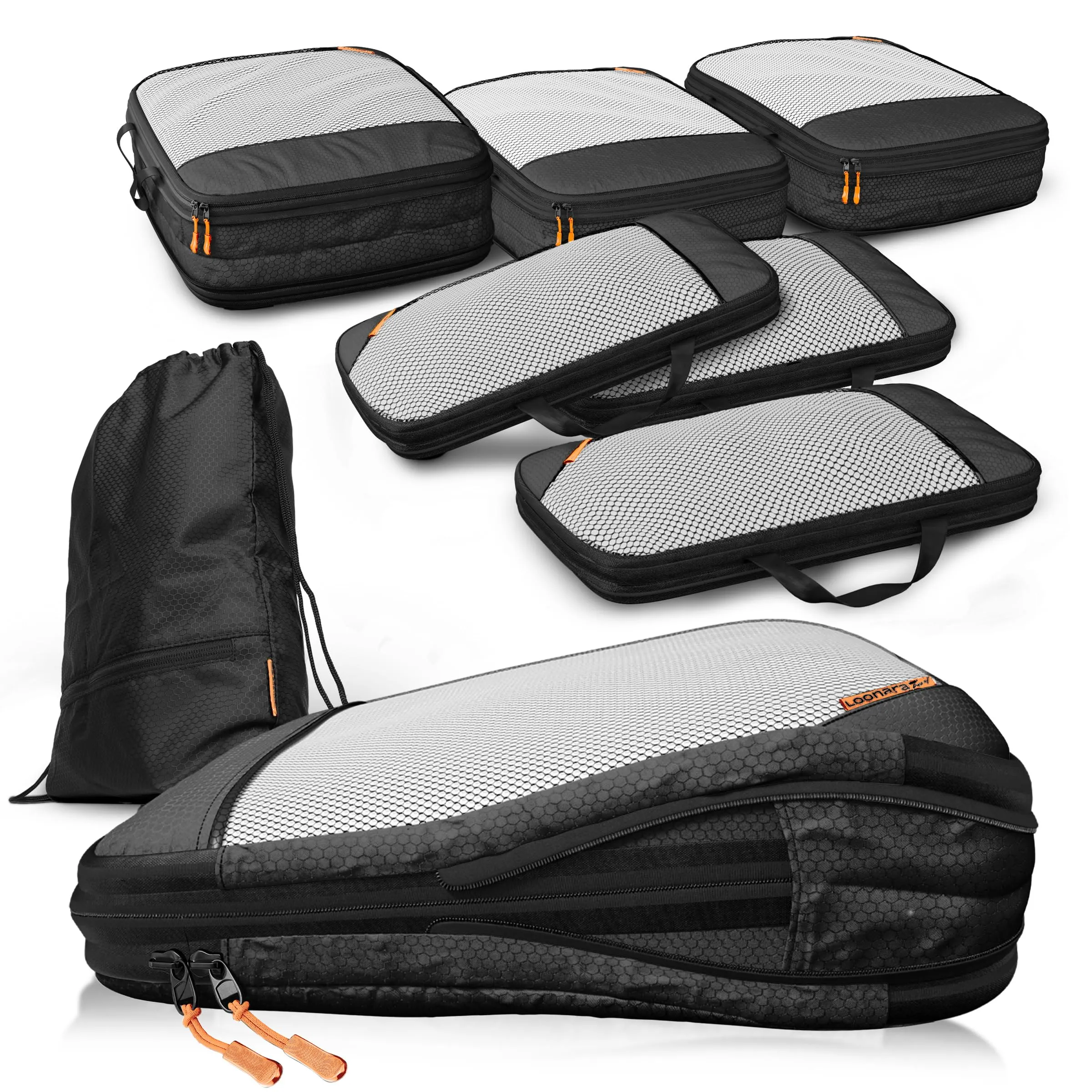 LOONARA Travel Sacchetti compressibili per valigie e zaini, set 7 pezzi (Midnight Escape - Nero) - immagine 1